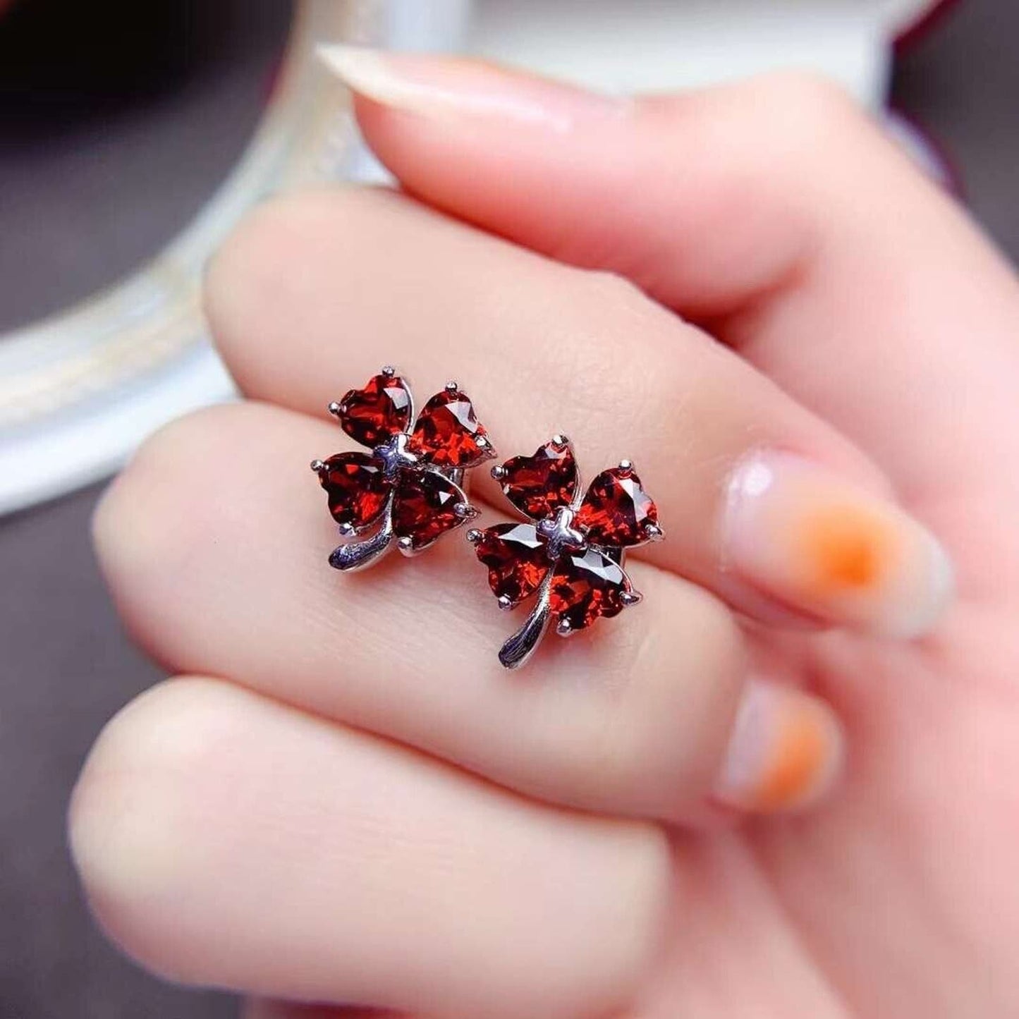 Red Garnet Clover Stud Earrings 4x4mm Platinum Plated