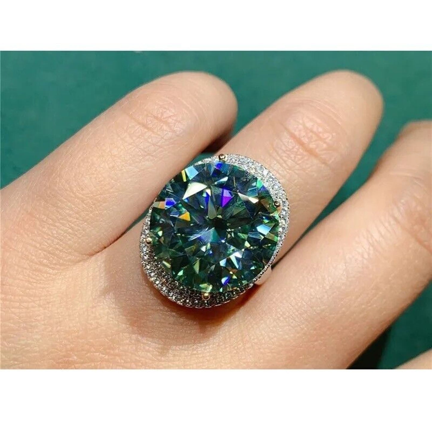 15 Carat VVS1 Round Brilliant Cut Green Moissanite Ring Sterling Silver