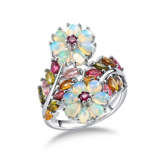 Fire Opal Flower Ring with Tourmaline 925 Sterling Silver