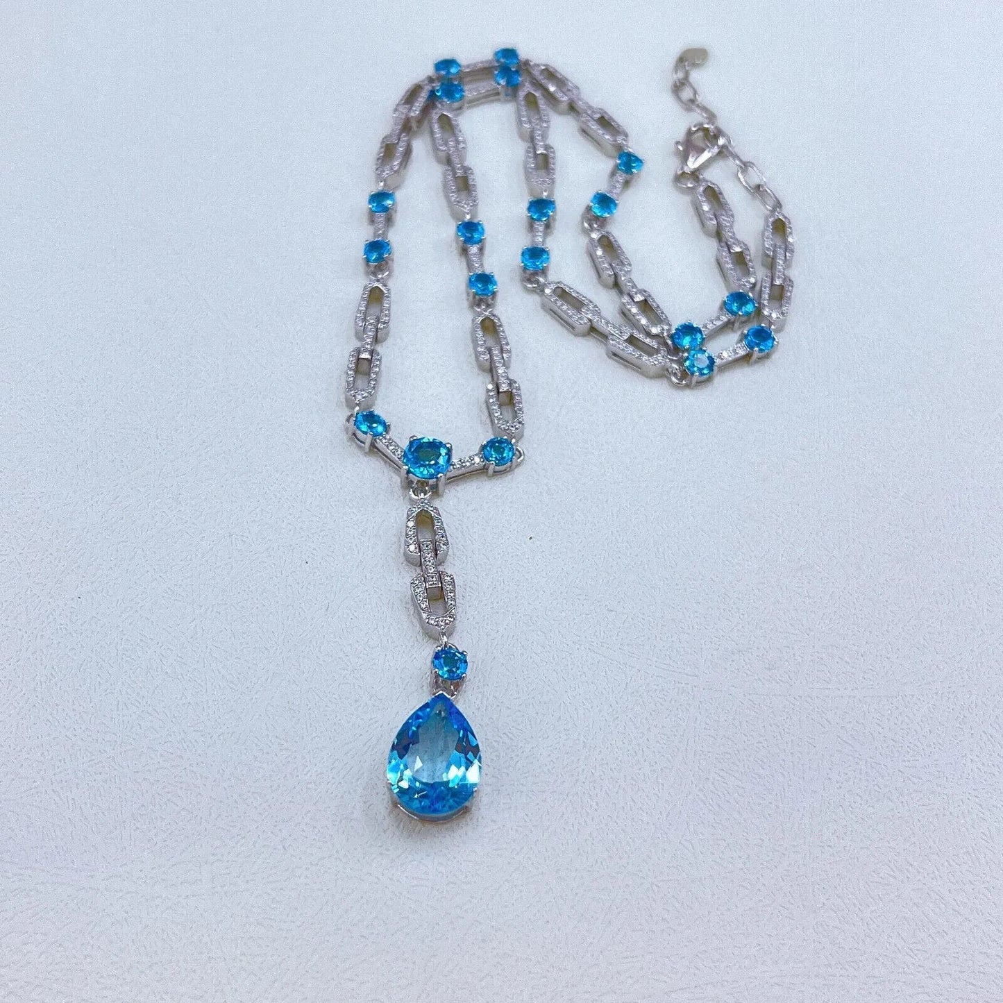 Swiss Blue Topaz Long Pendant Statement Necklace 9x13mm