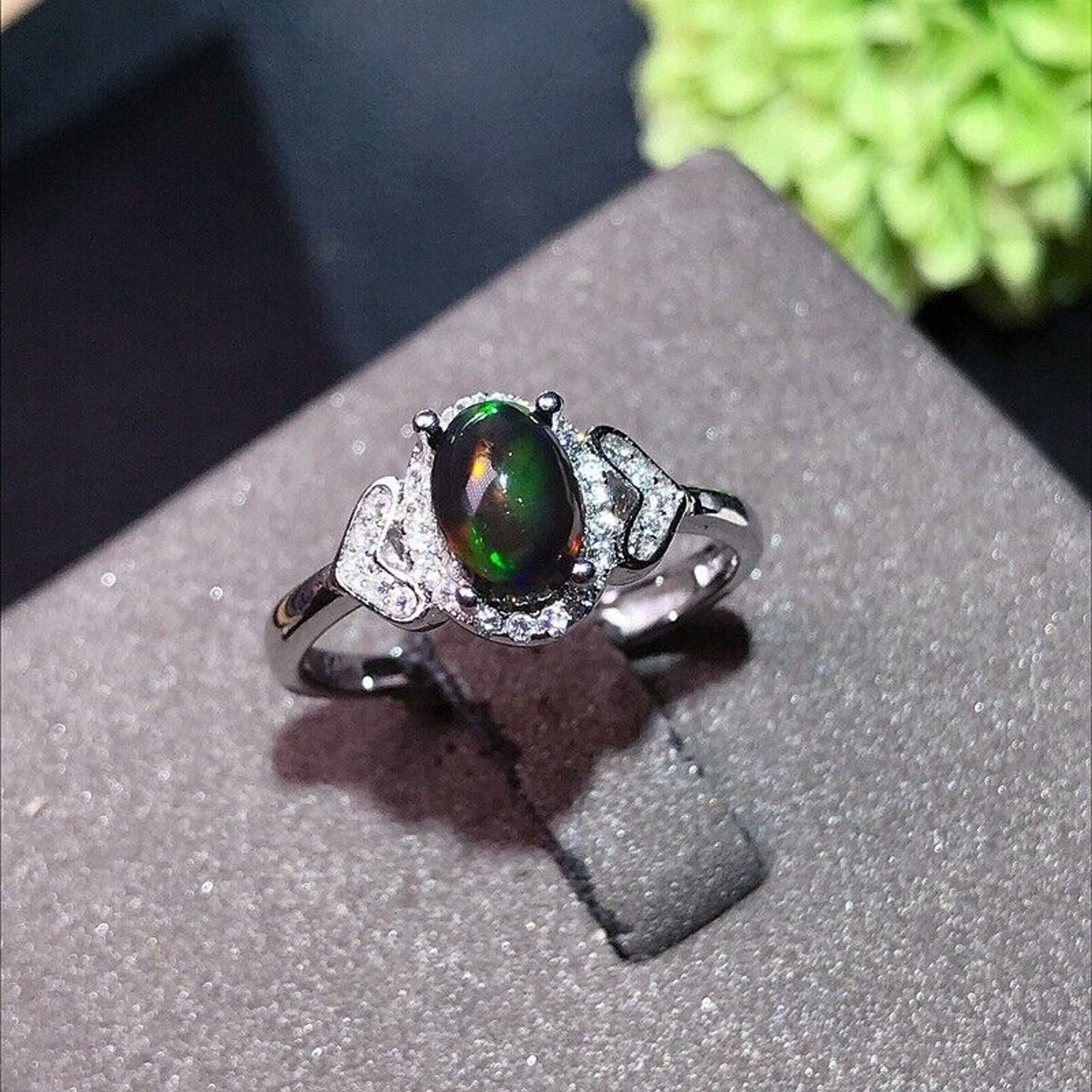 Black Fire Opal Cocktail Ring 5x7mm Sterling Silver