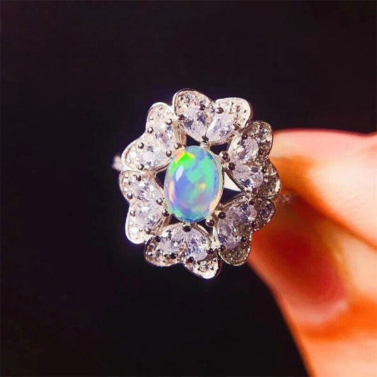 White Fire Opal Cluster Statement Ring 5x7mm