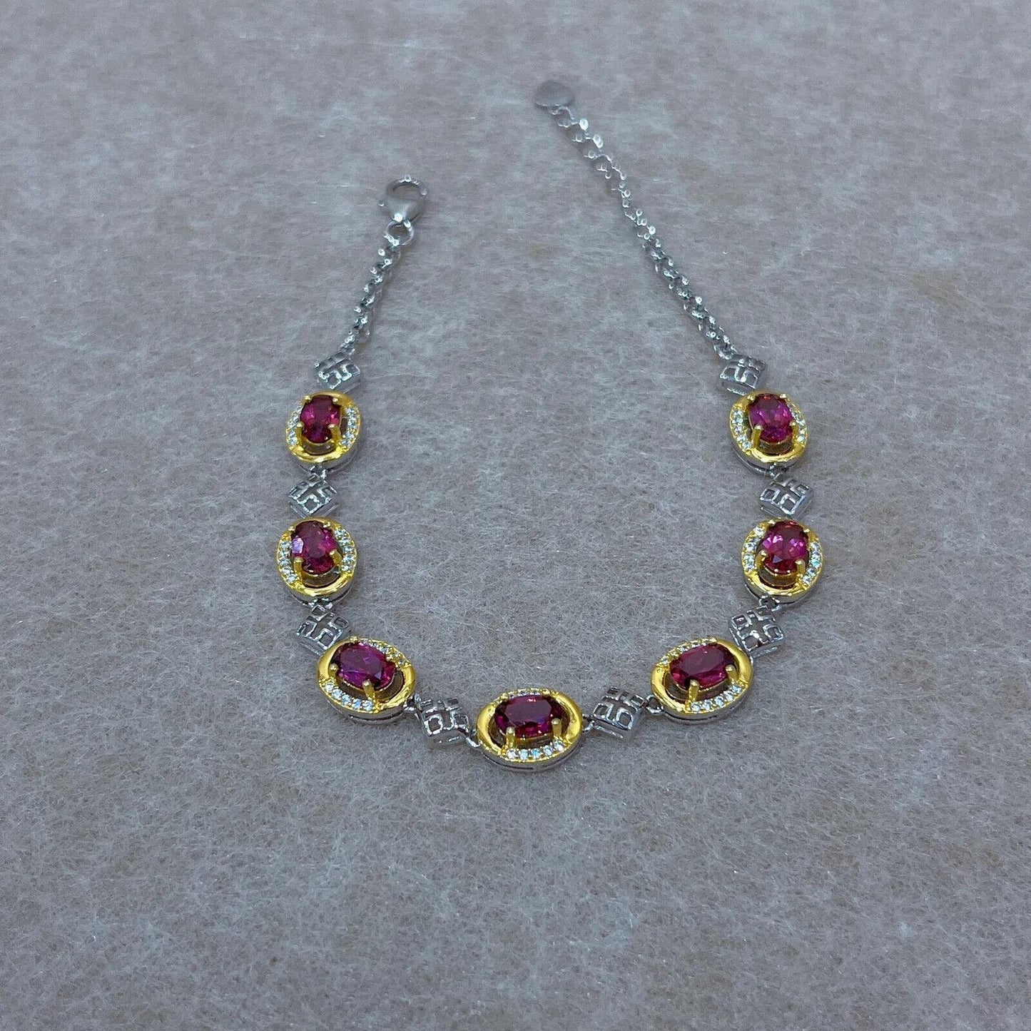 Pink Garnet Two Tone Metal Chain Bracelet 4x6mm