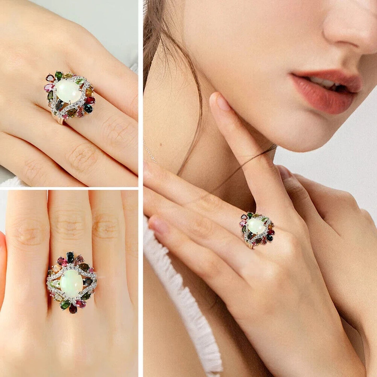 Fire Opal and Tourmaline Cluster Statement Ring