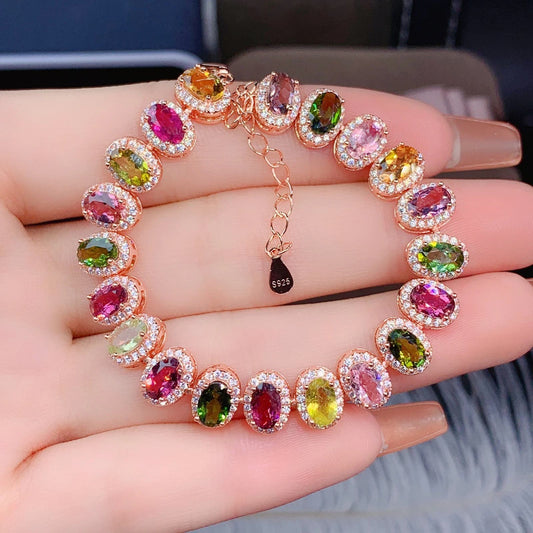 Watermelon Tourmaline 925 Sterling Silver Bracelet, Natural Tourmaline Bracelet