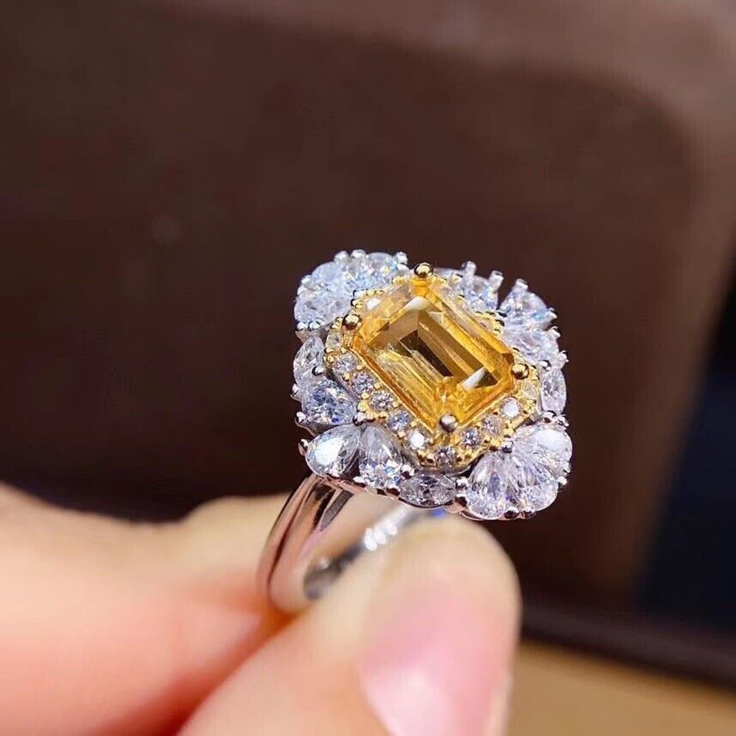 Citrine Gemstone Emerald Cut Cluster Ring 5x7mm