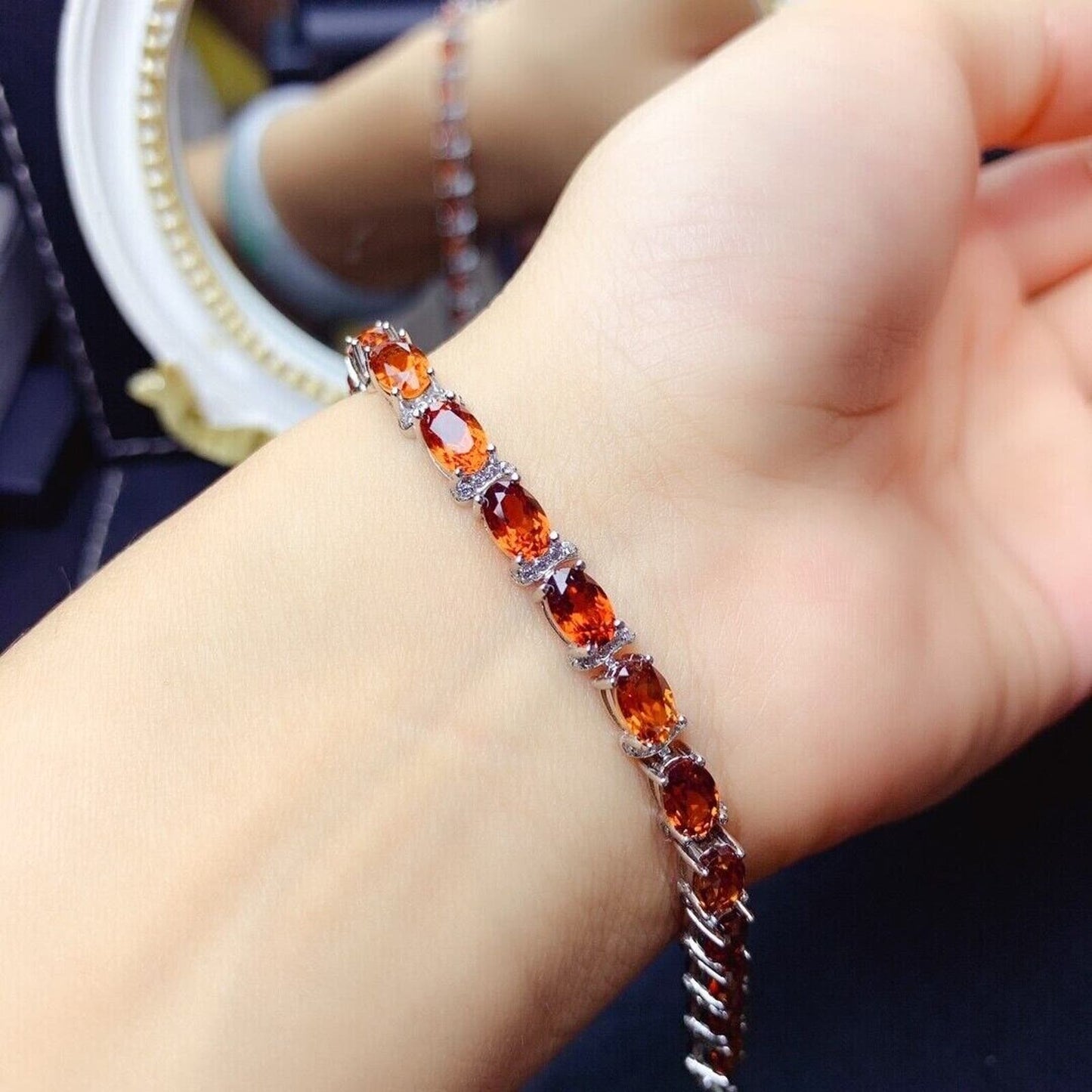 Orange Garnet Oval Cut Tennis Bracelet 4x6mm Platinum Plated