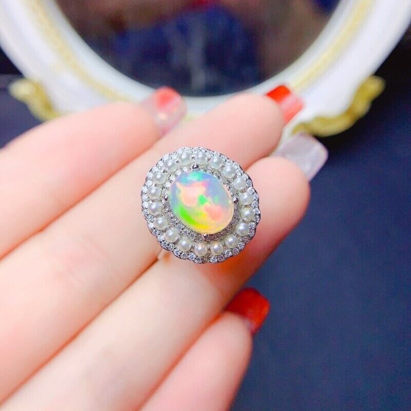 Australian Opal and Faux Pearl Statement Ring 8x10mm