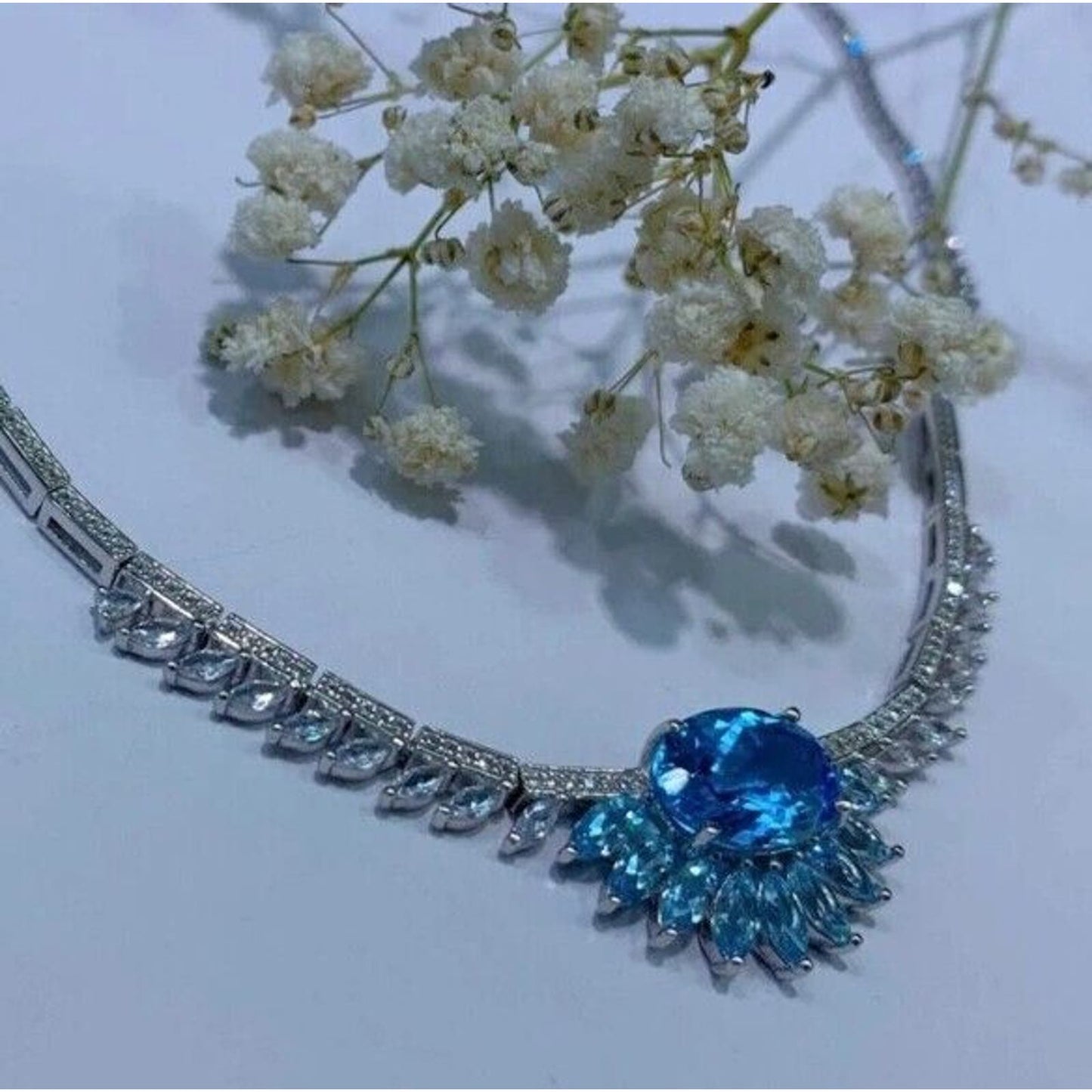 Swiss Blue Topaz Collar Statement Necklace 10x14mm