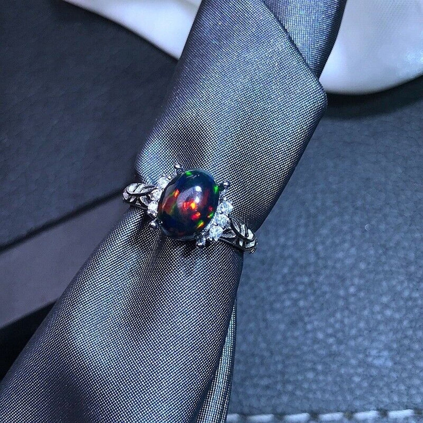 Dainty Black Opal Ring 6x8mm Platinum Plated