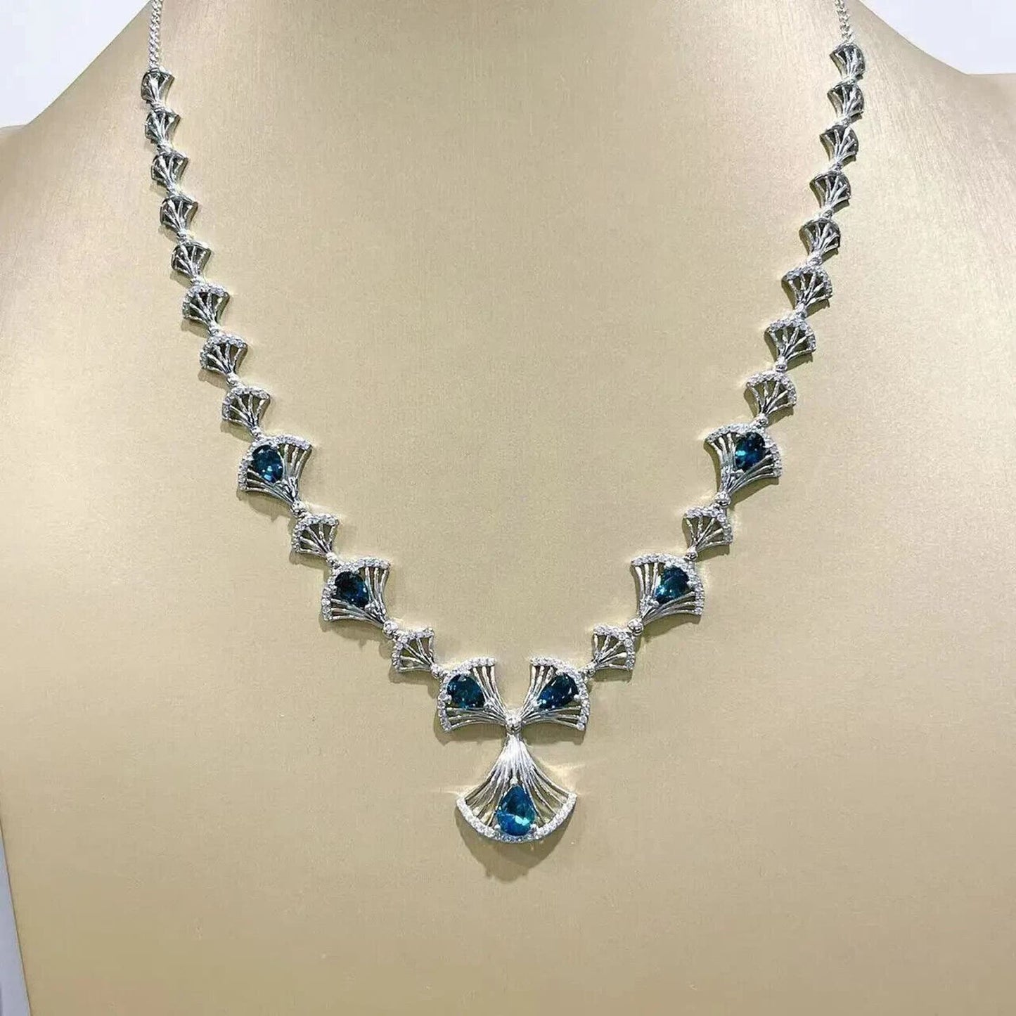 London Blue Topaz Fanned Statement Necklace Platinum Plated