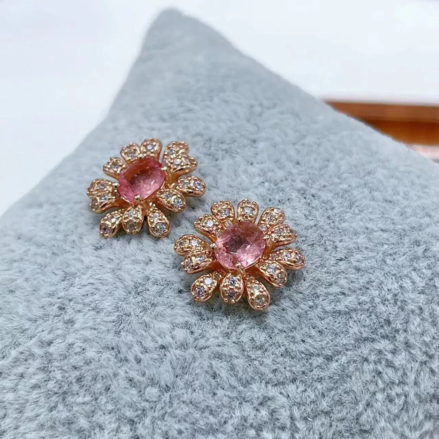 Natural Pink Tourmaline Stud Earrings, Rose Gold Pink Tourmaline Flower Earrings