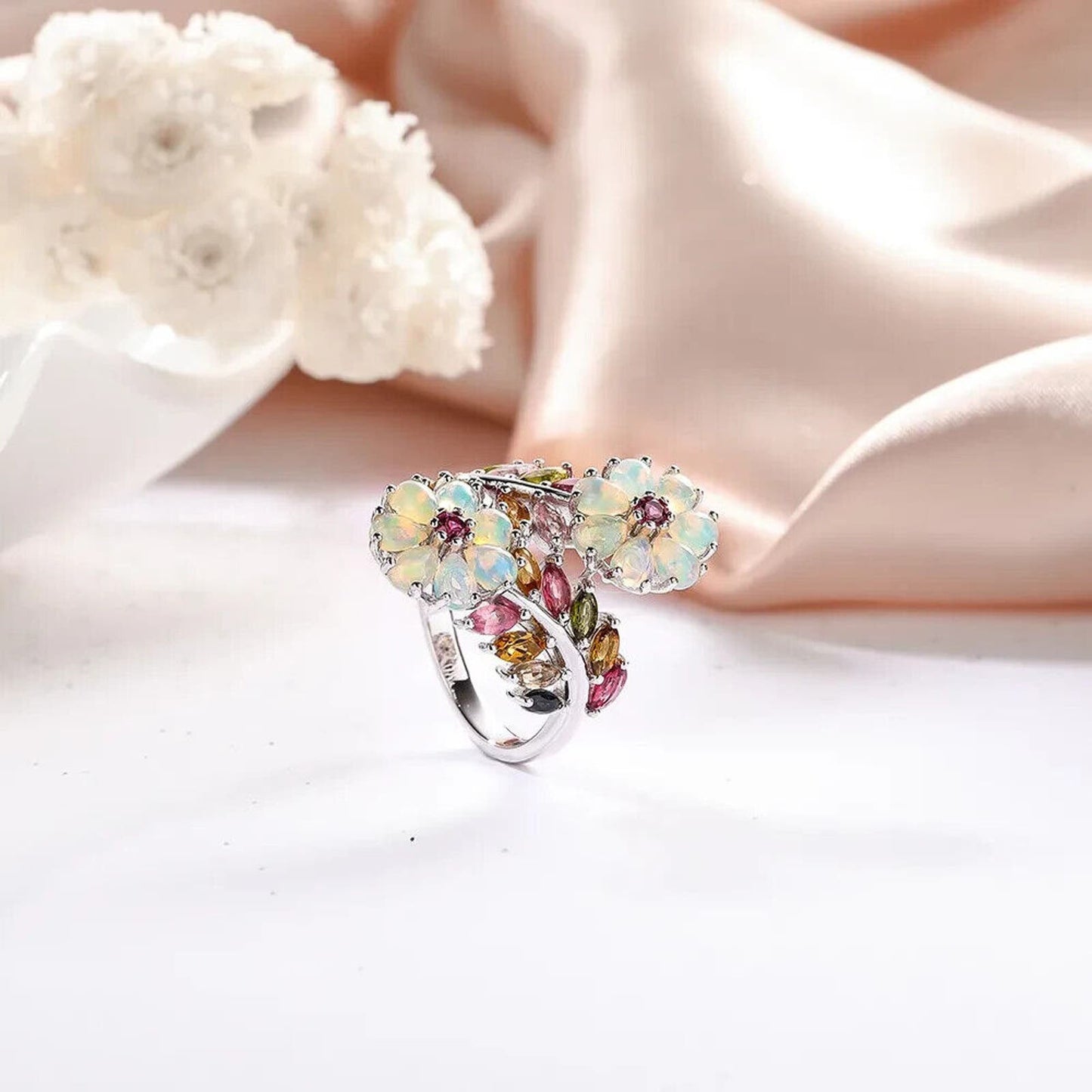 Fire Opal Flower Ring with Tourmaline 925 Sterling Silver