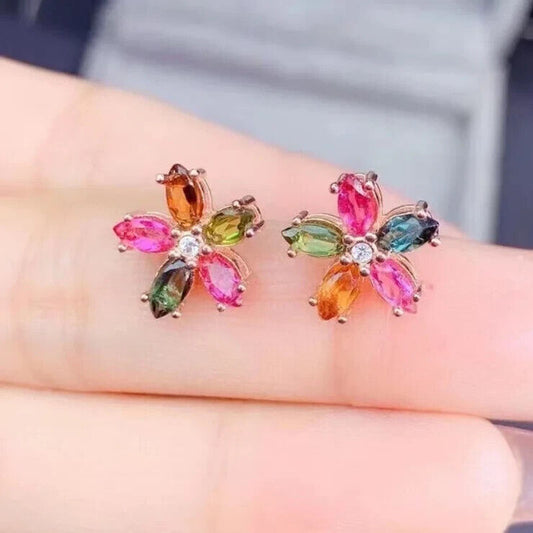 Dainty Tourmaline Flower Stud Earrings