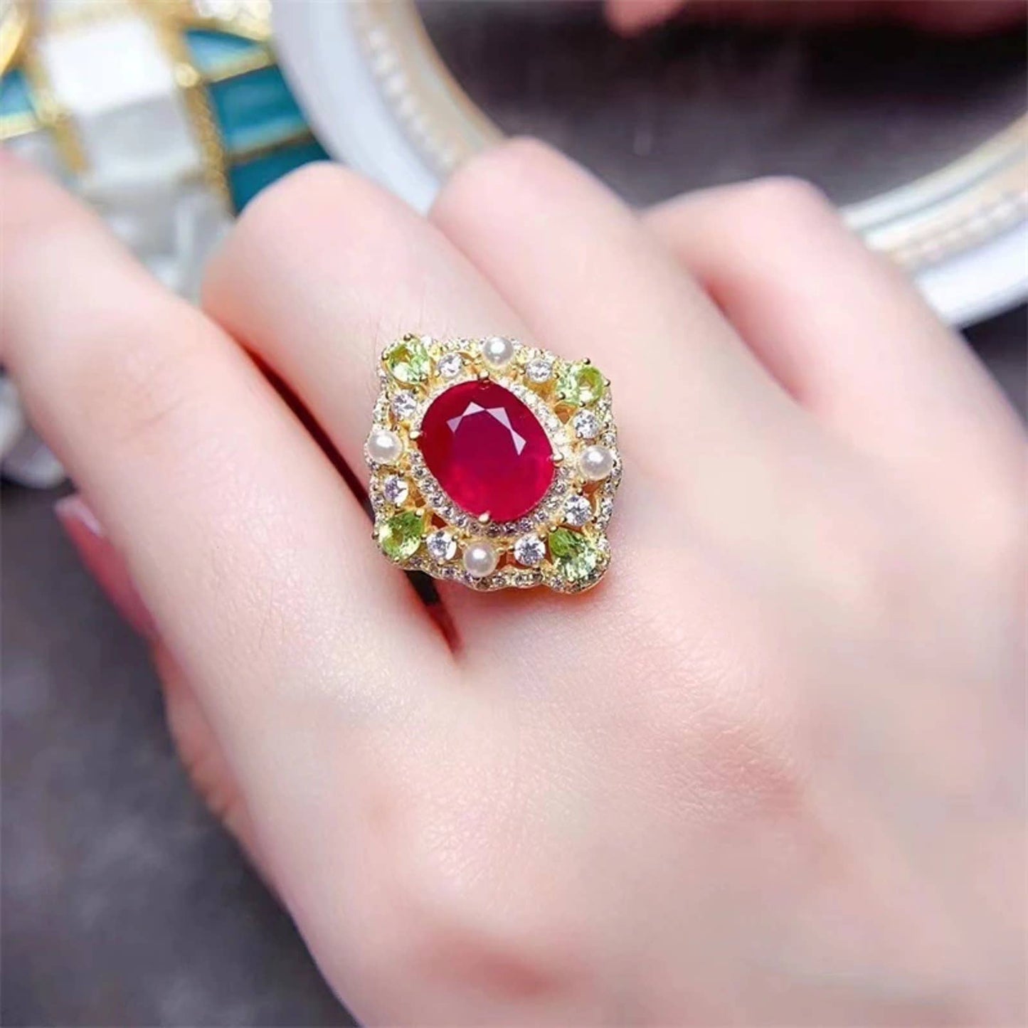 Ruby and Peridot Vintage Ring, Women's Vintage Ruby Ruby Ring, Sterling Silver