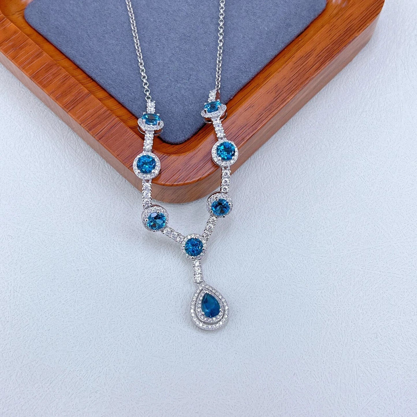 London Blue Topaz Gemstone Pear Cut Pendant Tennis Necklace