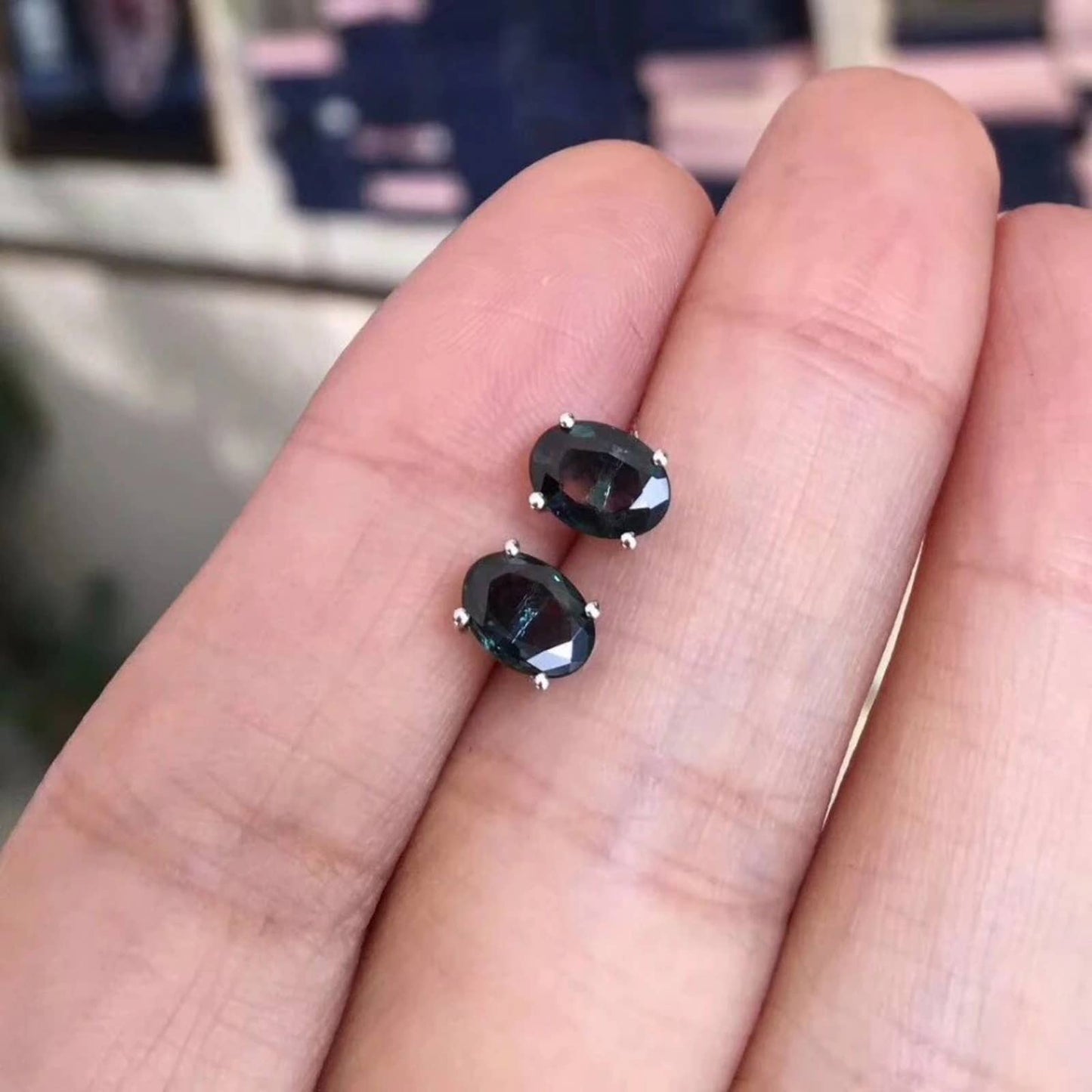 Dark Blue Sapphire Stud Earrings, Sapphire Studs, Silver Sapphire Earrings