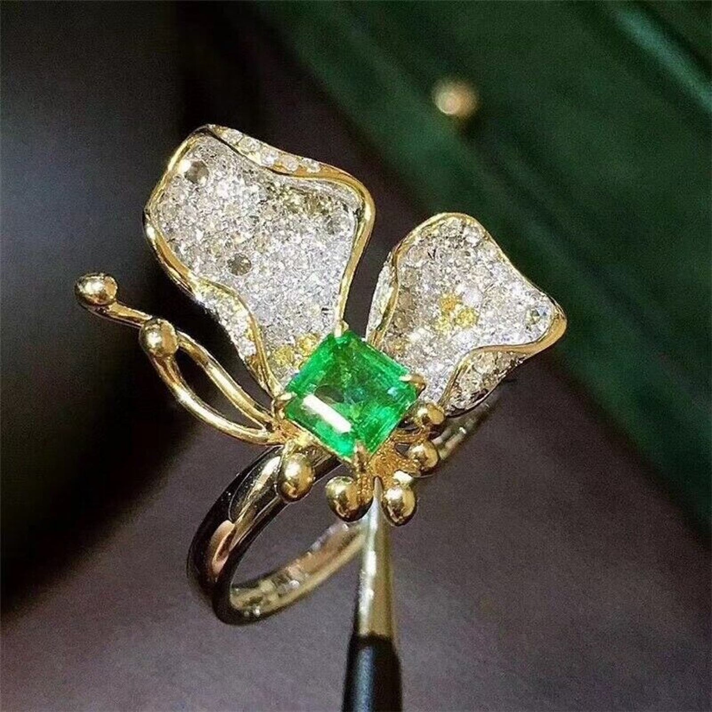 Natural Emerald Butterfly Ring 4.5mm Sterling Silver