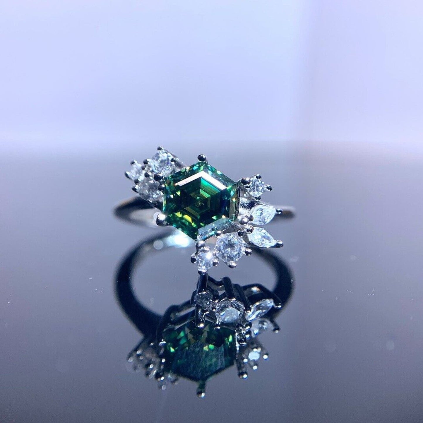 1 CT Hexagon Cut Green Moissanite Ring, Hexagon Green Moissanite 925 Sterling