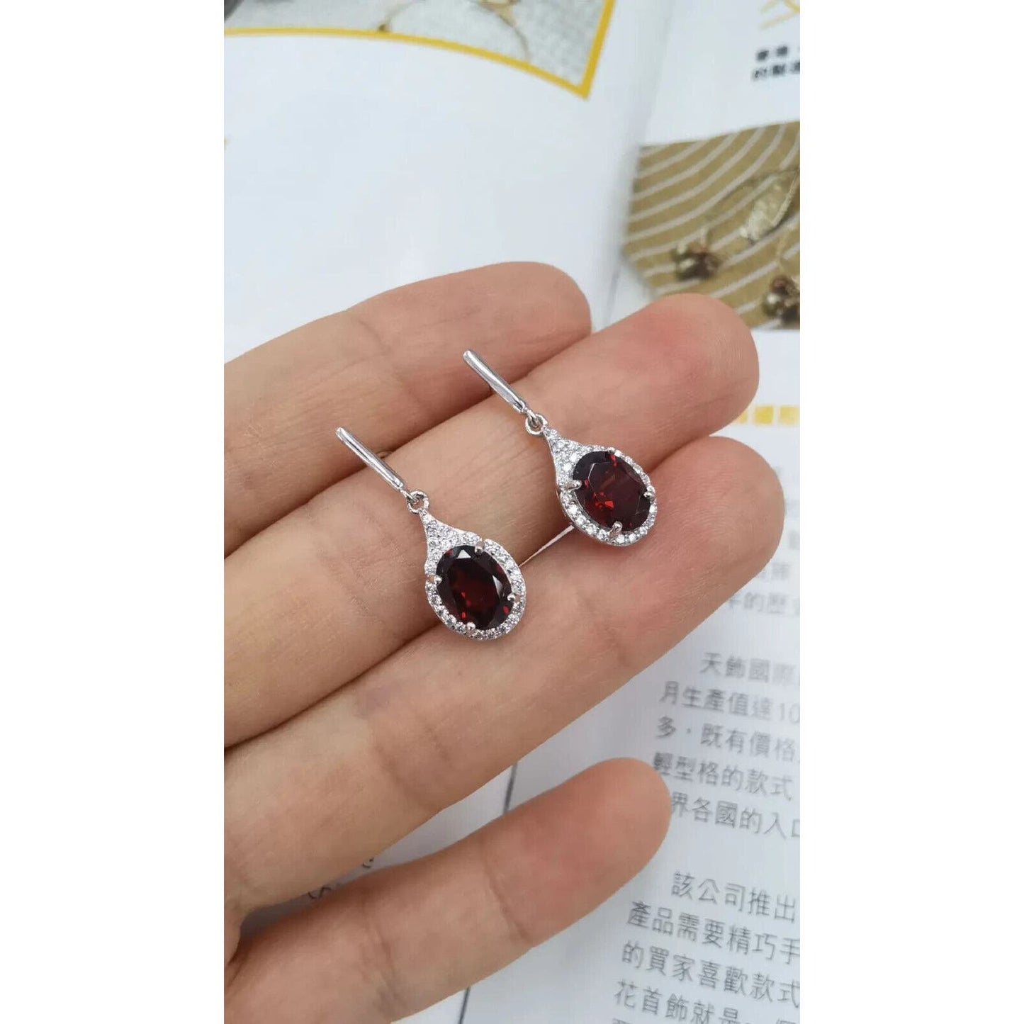 Dark Red Garnet Dangle Earrings 6x8mm Platinum Plated