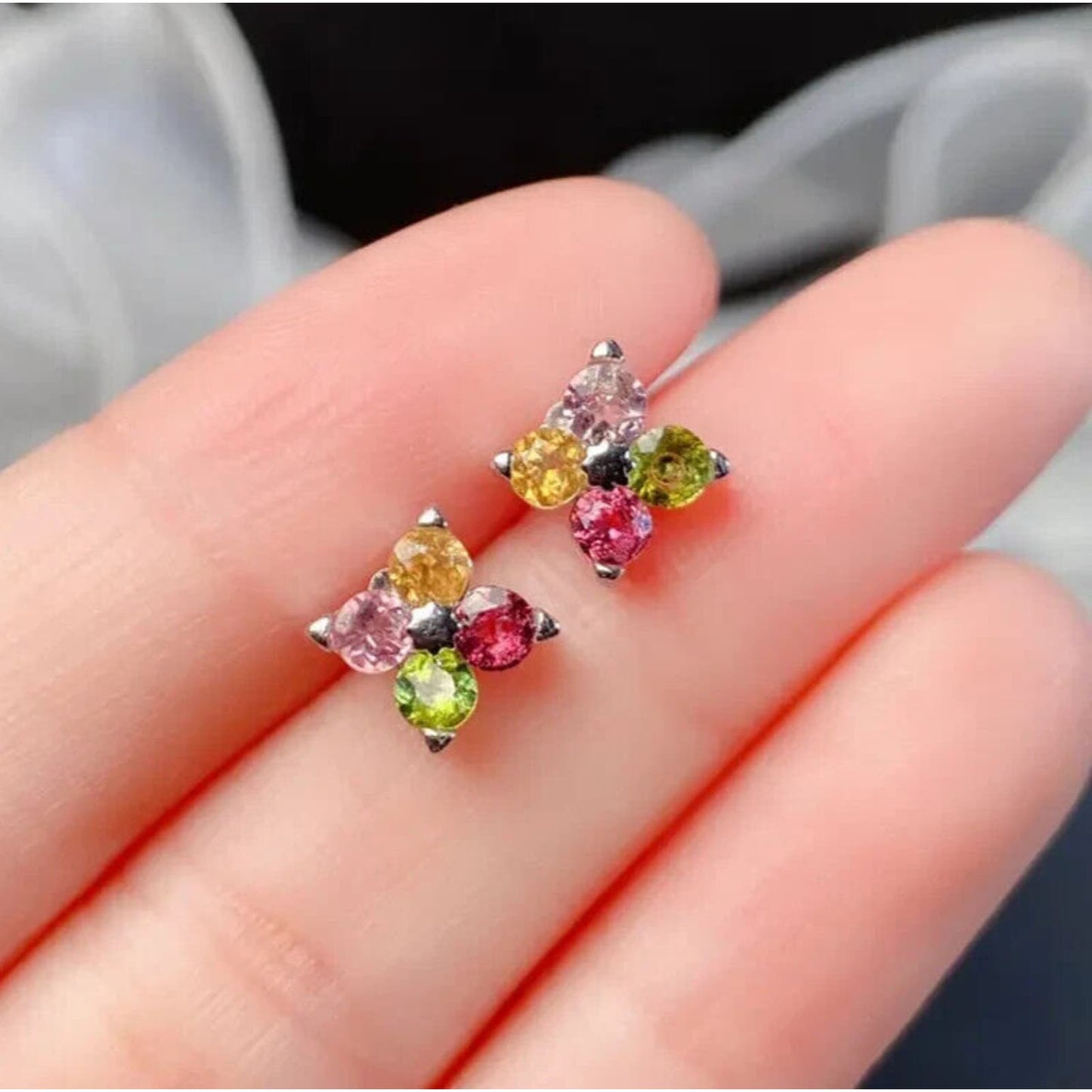 Multicolor Dainty Tourmaline Flower Stud Earrings