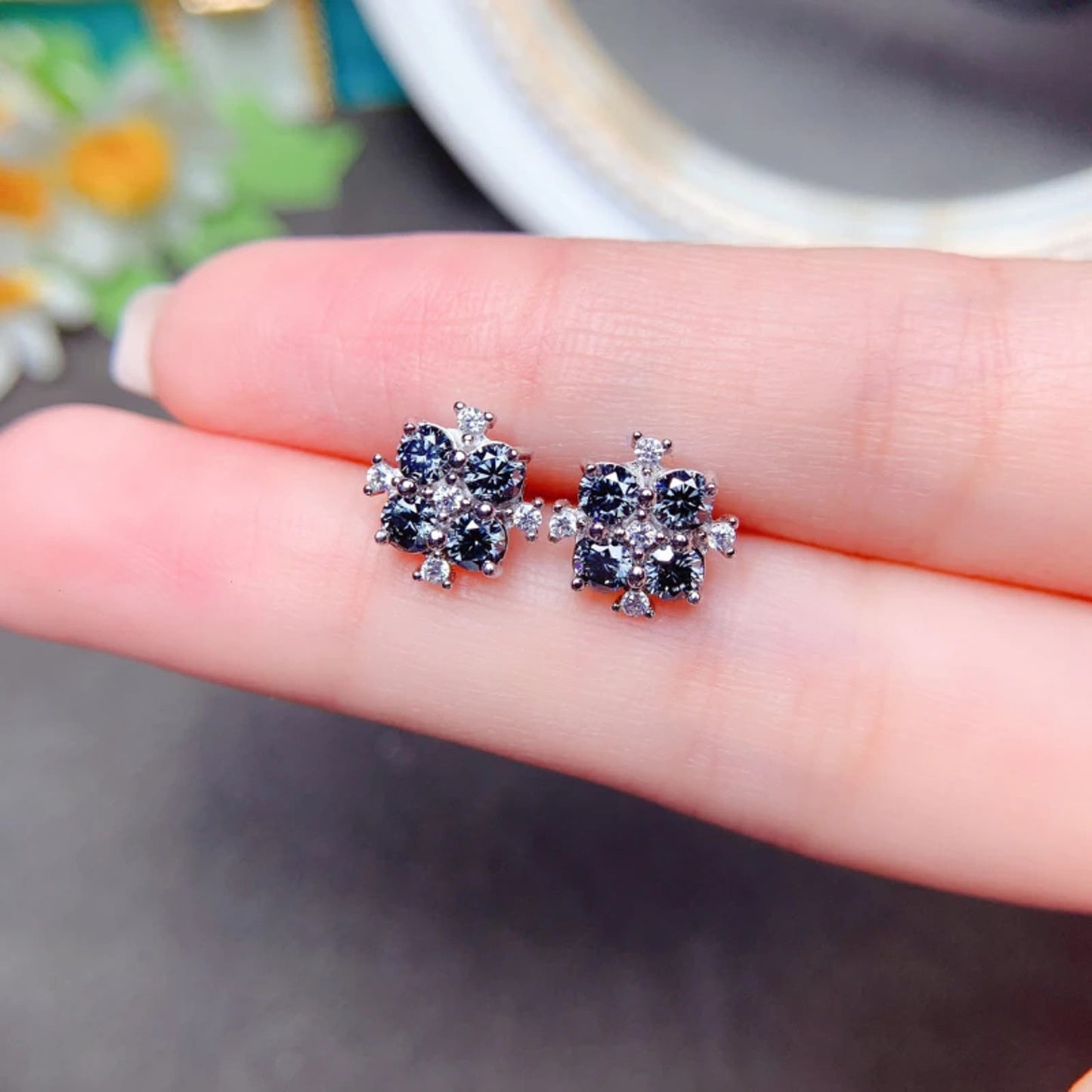 VVS1 Gray Moissanite Cluster Stud Earrings