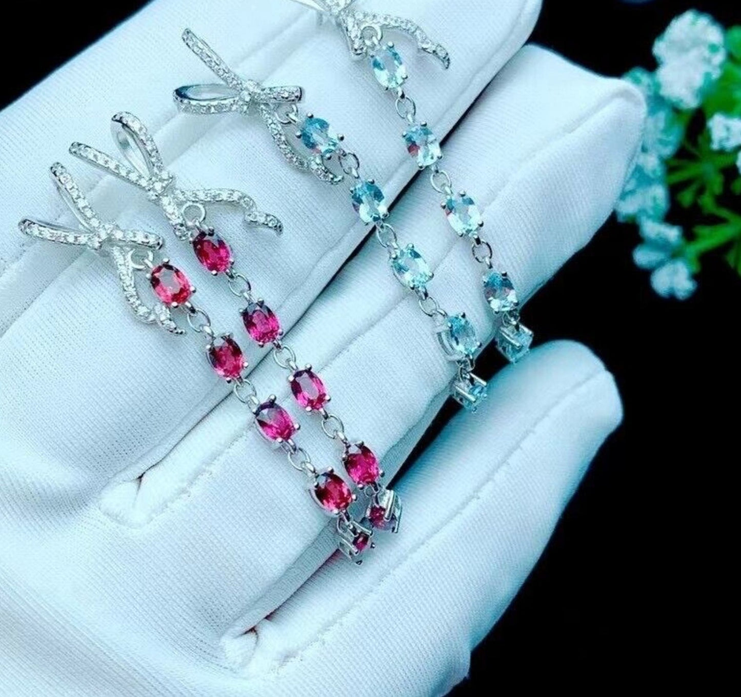 Garnet Bowtie Dangle Earrings 3x5mm Platinum Plated