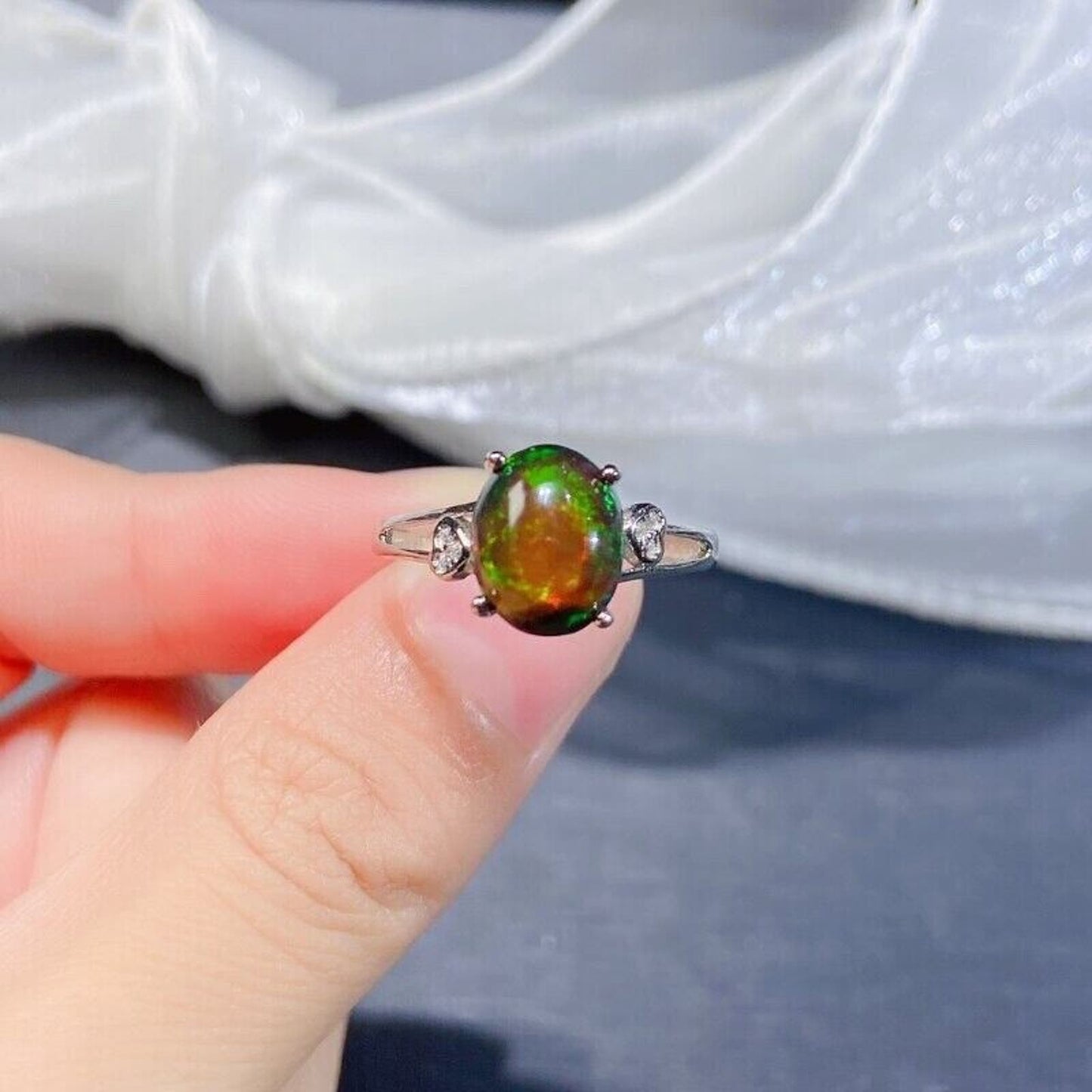 Black Fire Opal Ring 8x10mm Platinum Plated