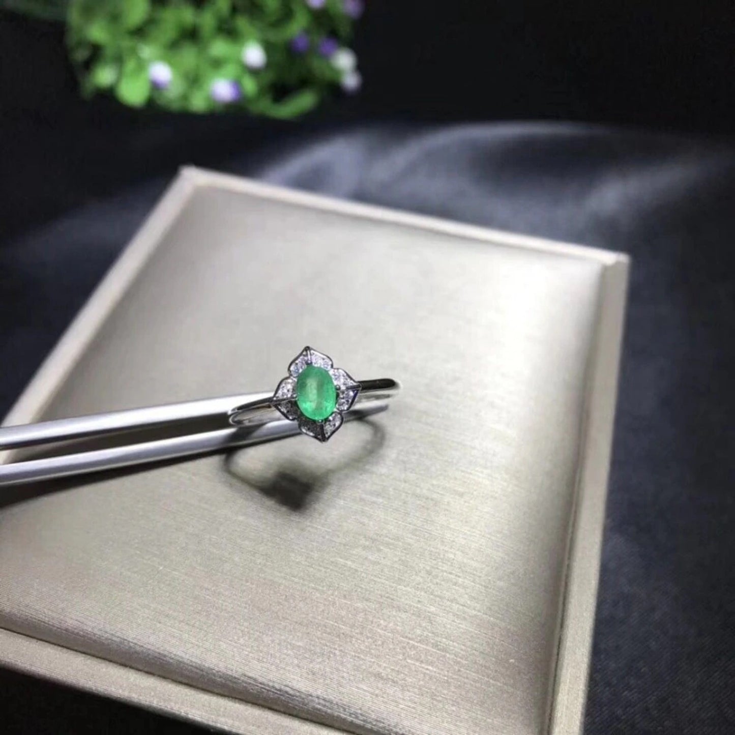 Dainty Emerald Gemstone Ring 4x5mm Sterling Silver