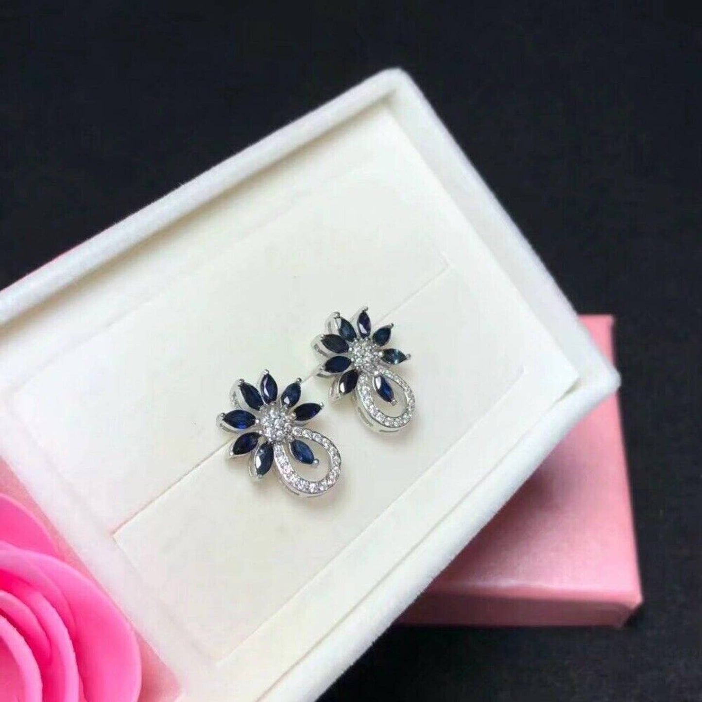 Sapphire Cluster Stud Earrings, Sapphire Studs, Blue Sapphire Earrings