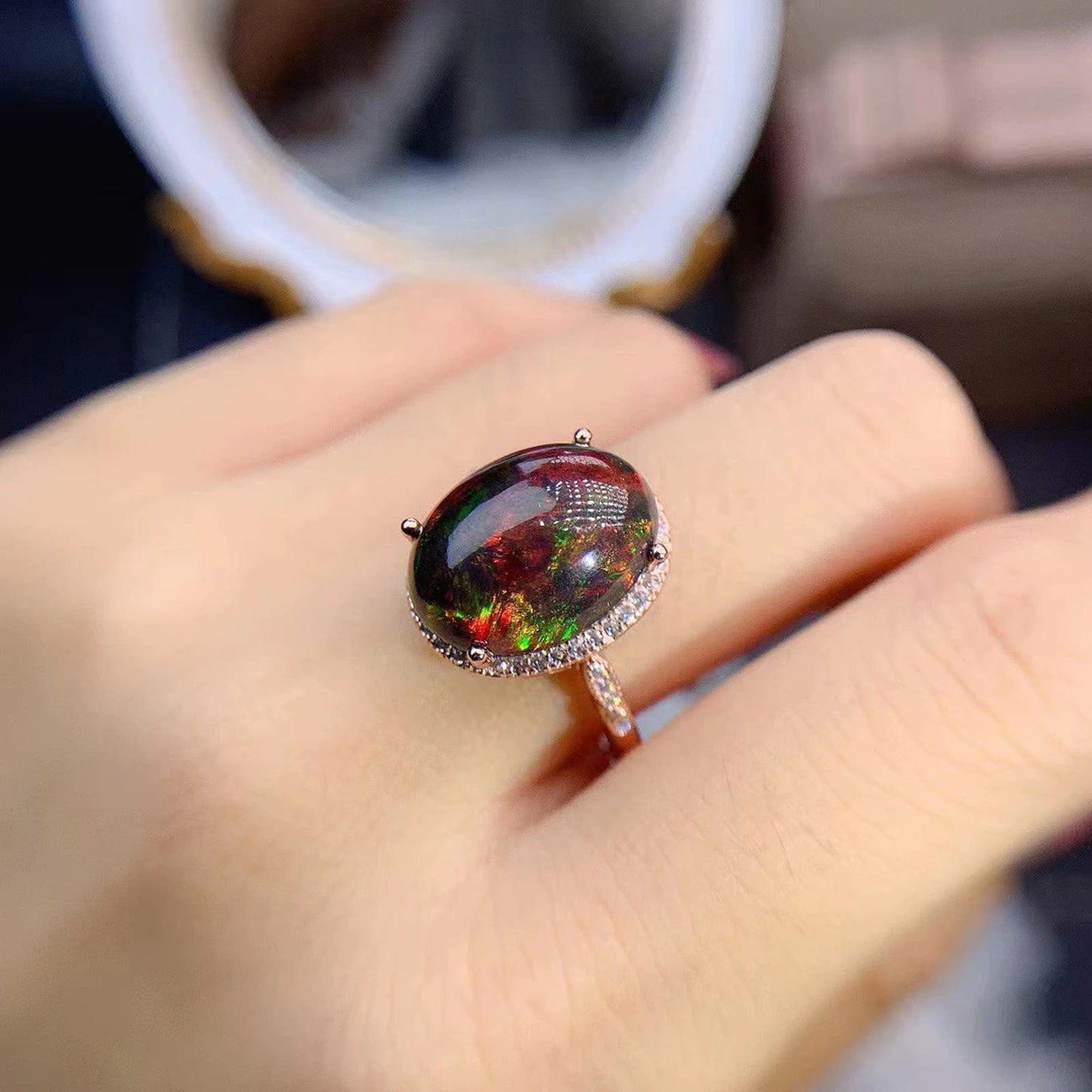 Black Fire Opal Statement Ring 10x14mm Sterling Silver