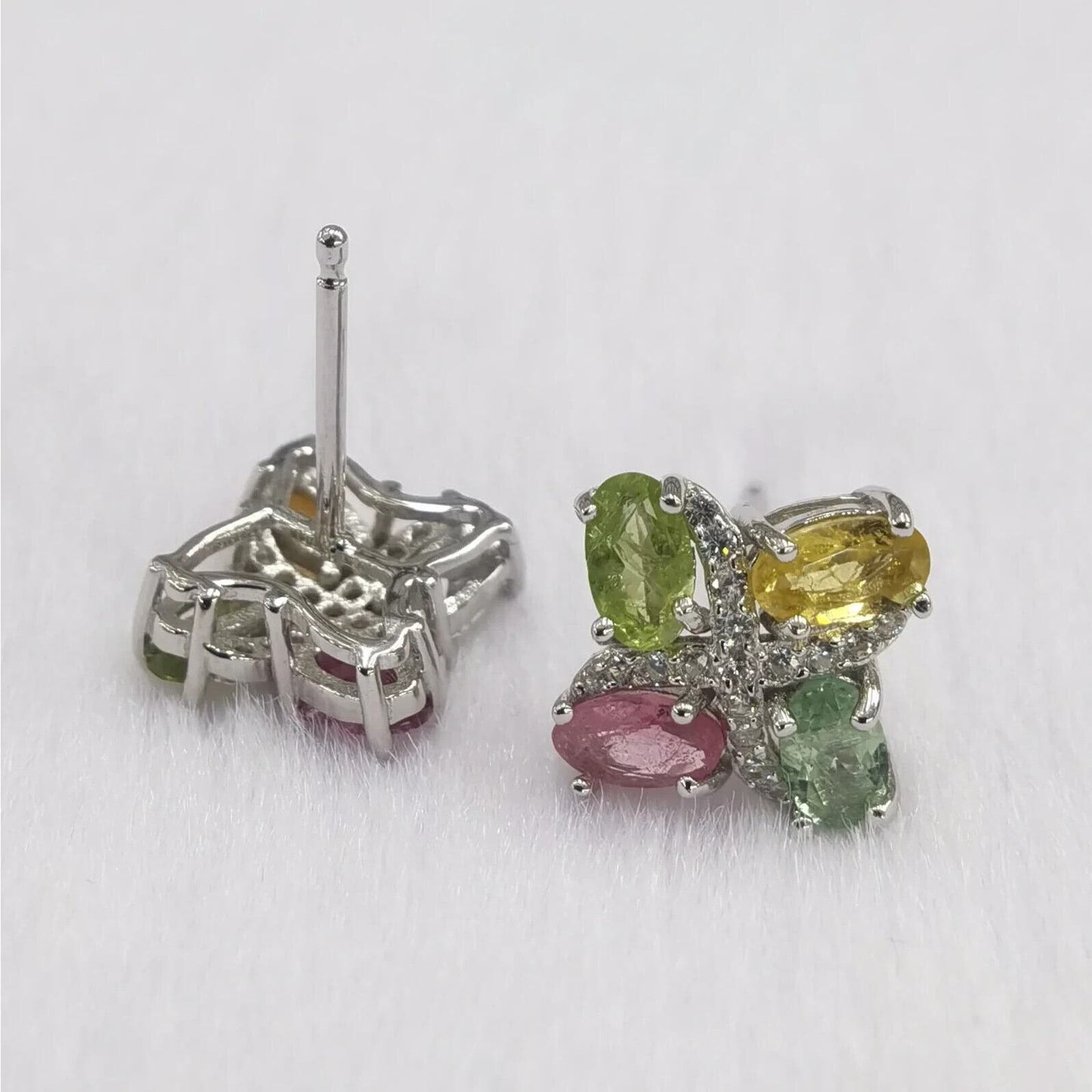 Natural Tourmaline Cluster Stud Earrings Platinum Plated