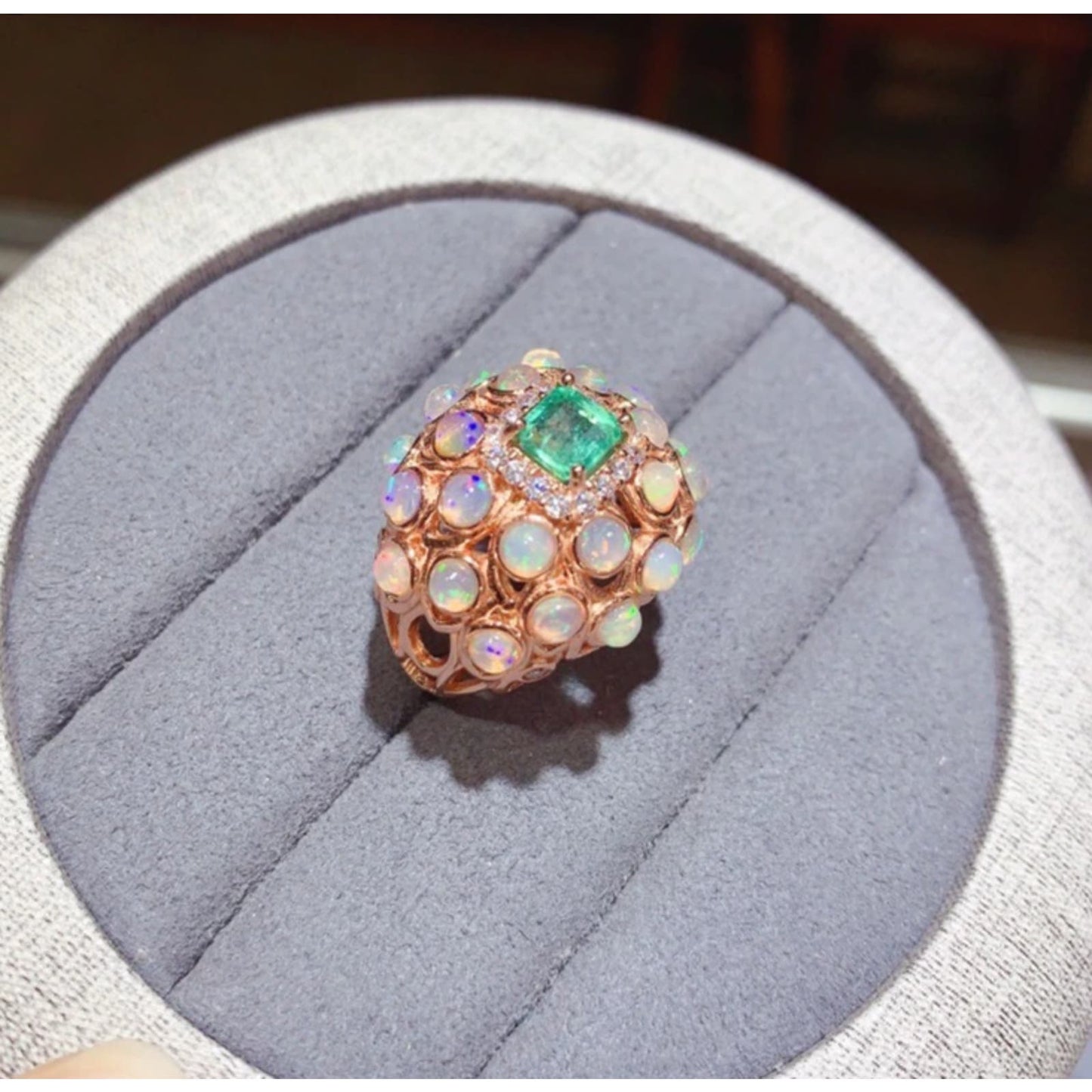 Fire Opal and Colombian Emerald Gemstone Statement Ring