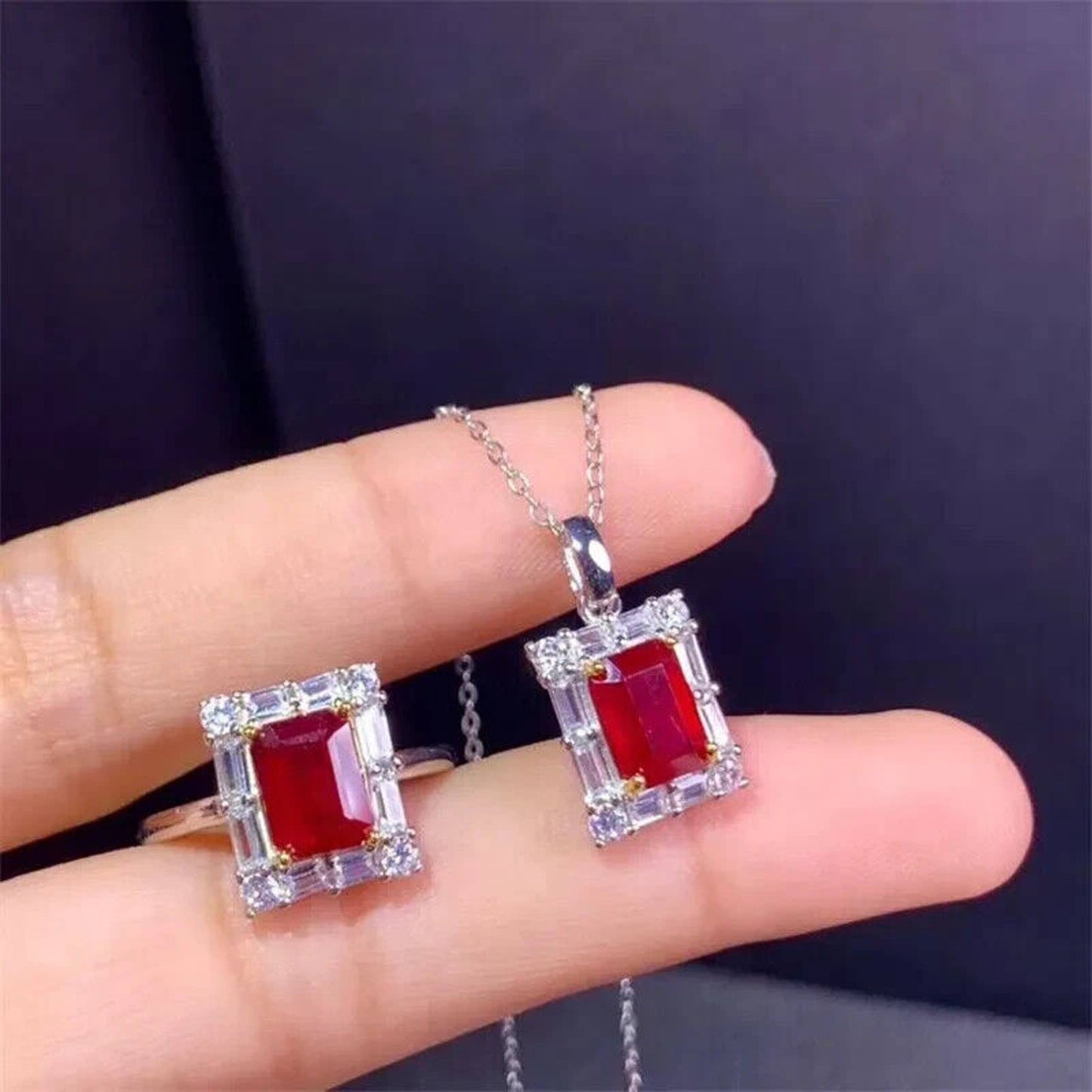 Natural Ruby Jewelry Set, Women's Ruby Pendant and Ring, Ruby Ring and Pendant