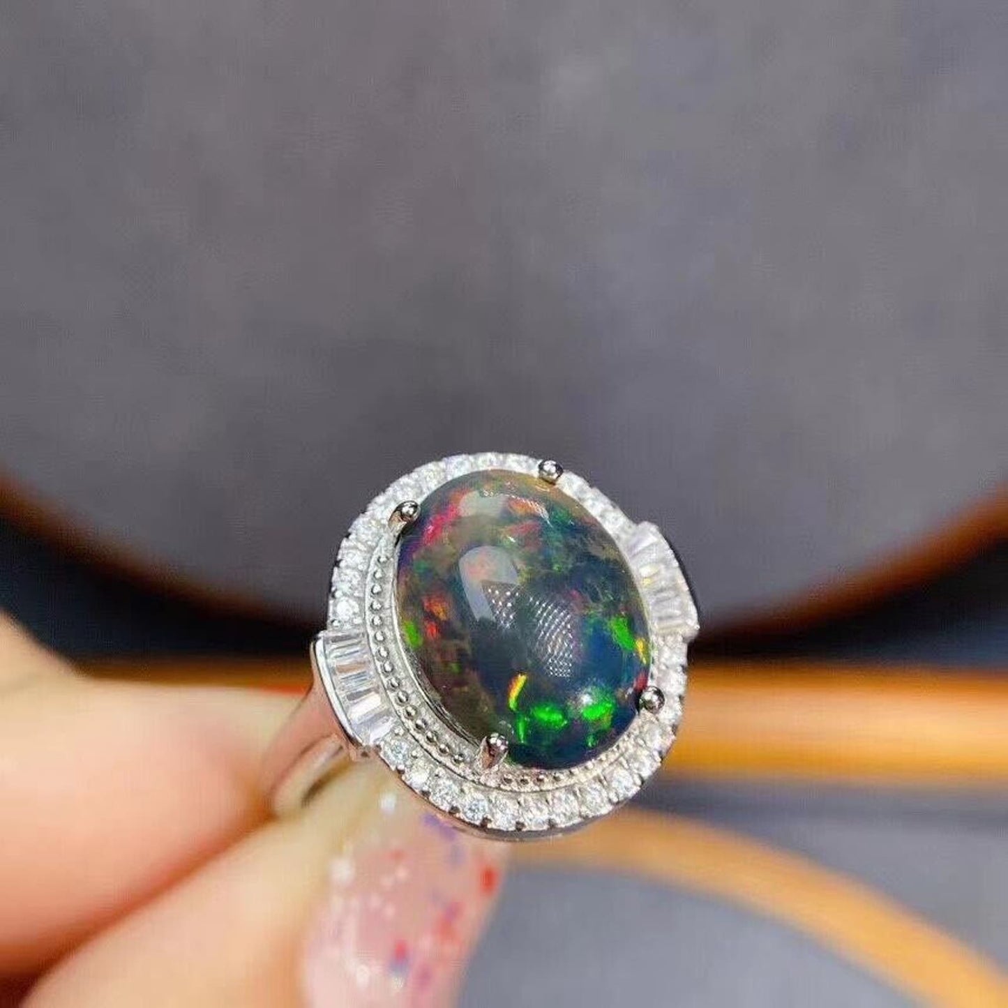 Black Opal Statement Ring 10x12mm Sterling Silver