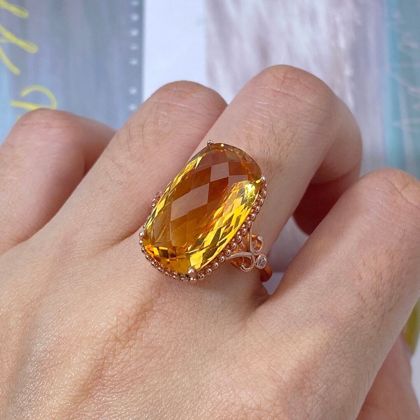 Large Citrine Gemstone Statement Ring 11.7 Carats Rose Gold