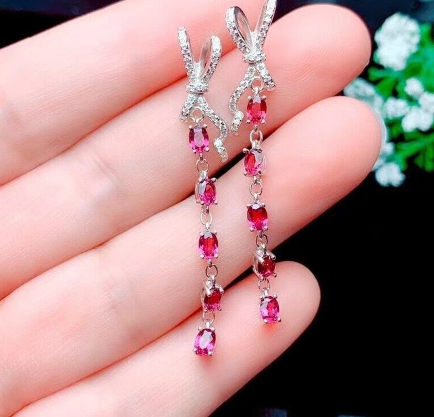 Garnet Bowtie Dangle Earrings 3x5mm Platinum Plated