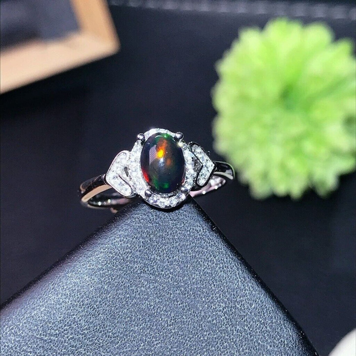 Black Fire Opal Cocktail Ring 5x7mm Sterling Silver