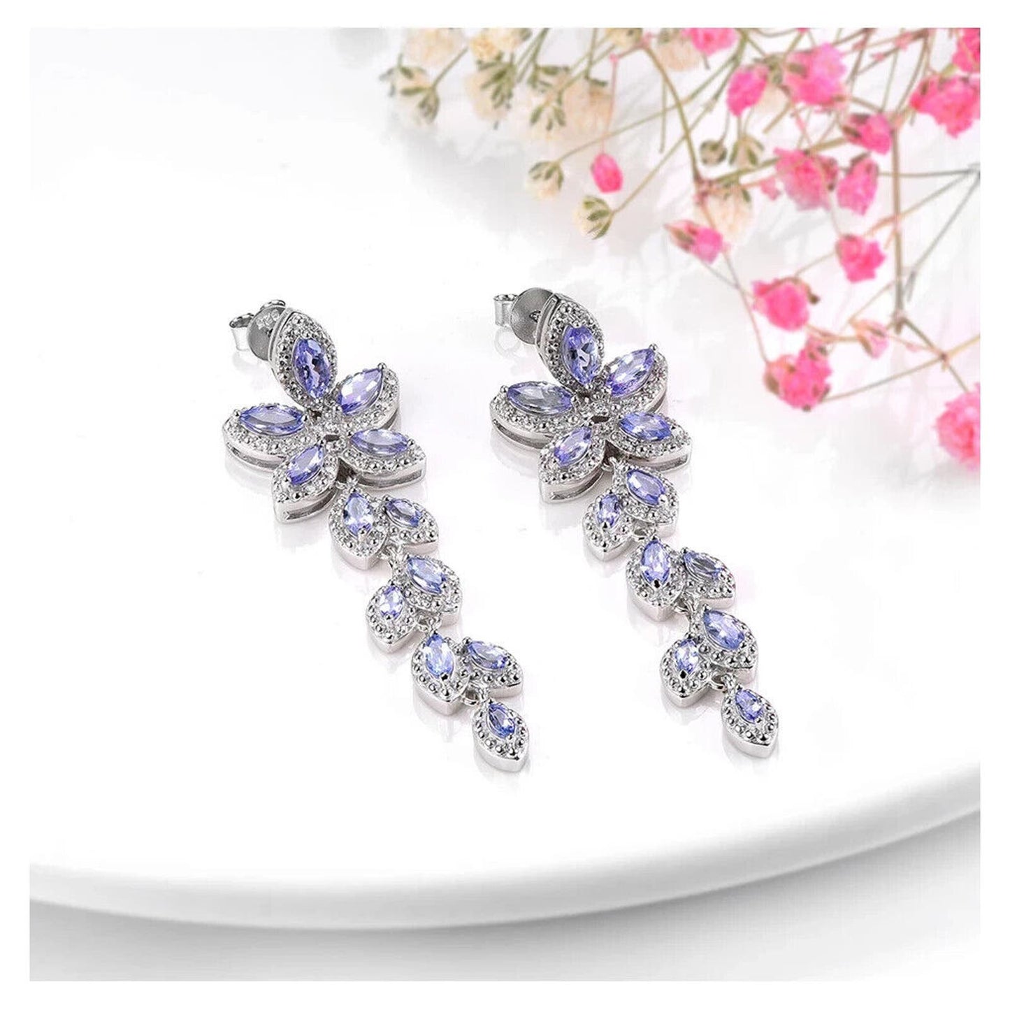 Purple Tanzanite Long Flower Statement Earrings