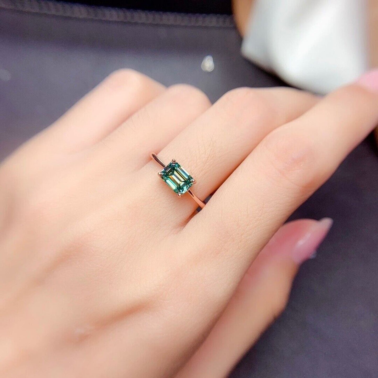 Horizontal Emerald Cut Green Moissanite Ring VVS1 1 CT