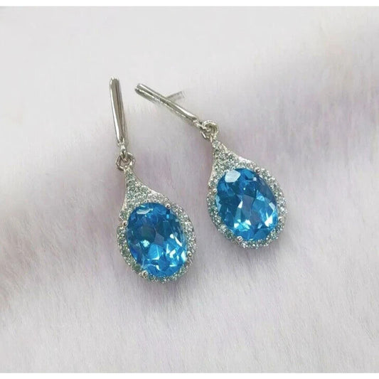 Swiss Blue Topaz Oval Cut Dangle Earrings 6x8mm