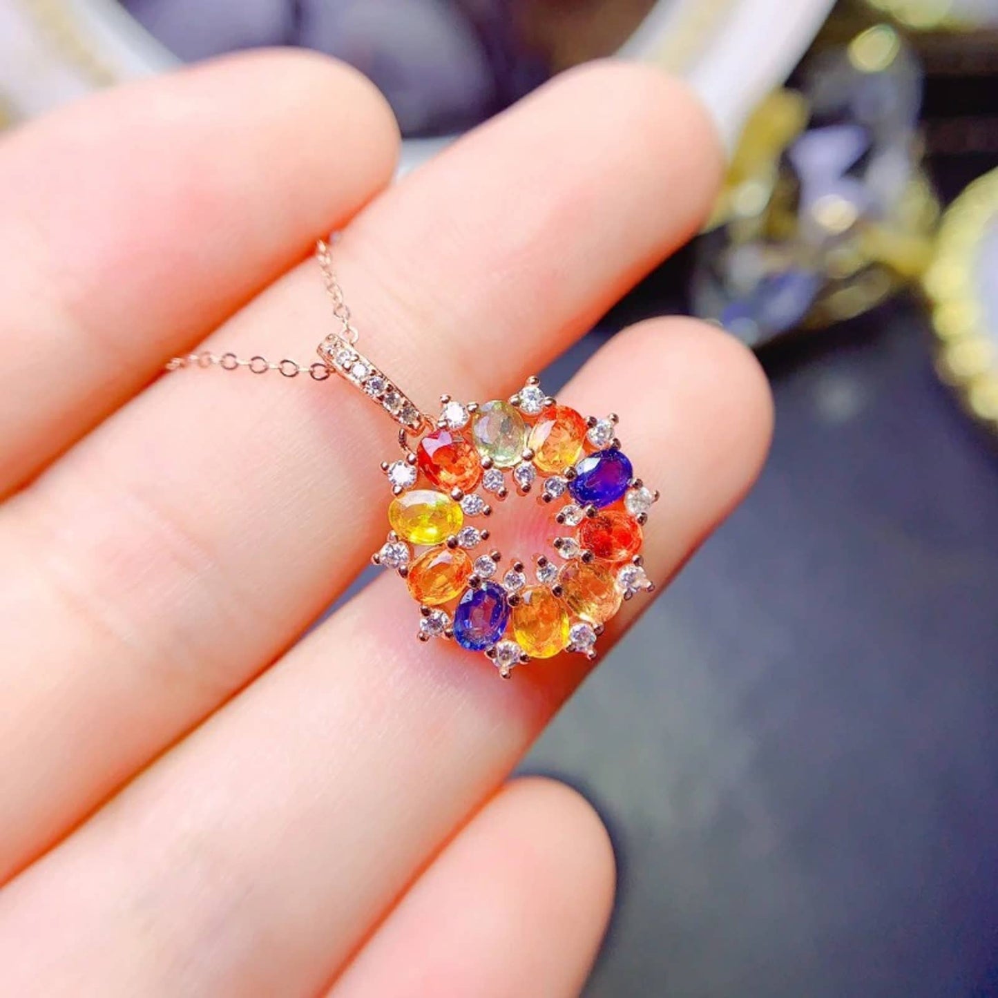 Colorful Sapphire Clavicle Necklace Pendant, 3x4mm Genuine Sapphire Pendant