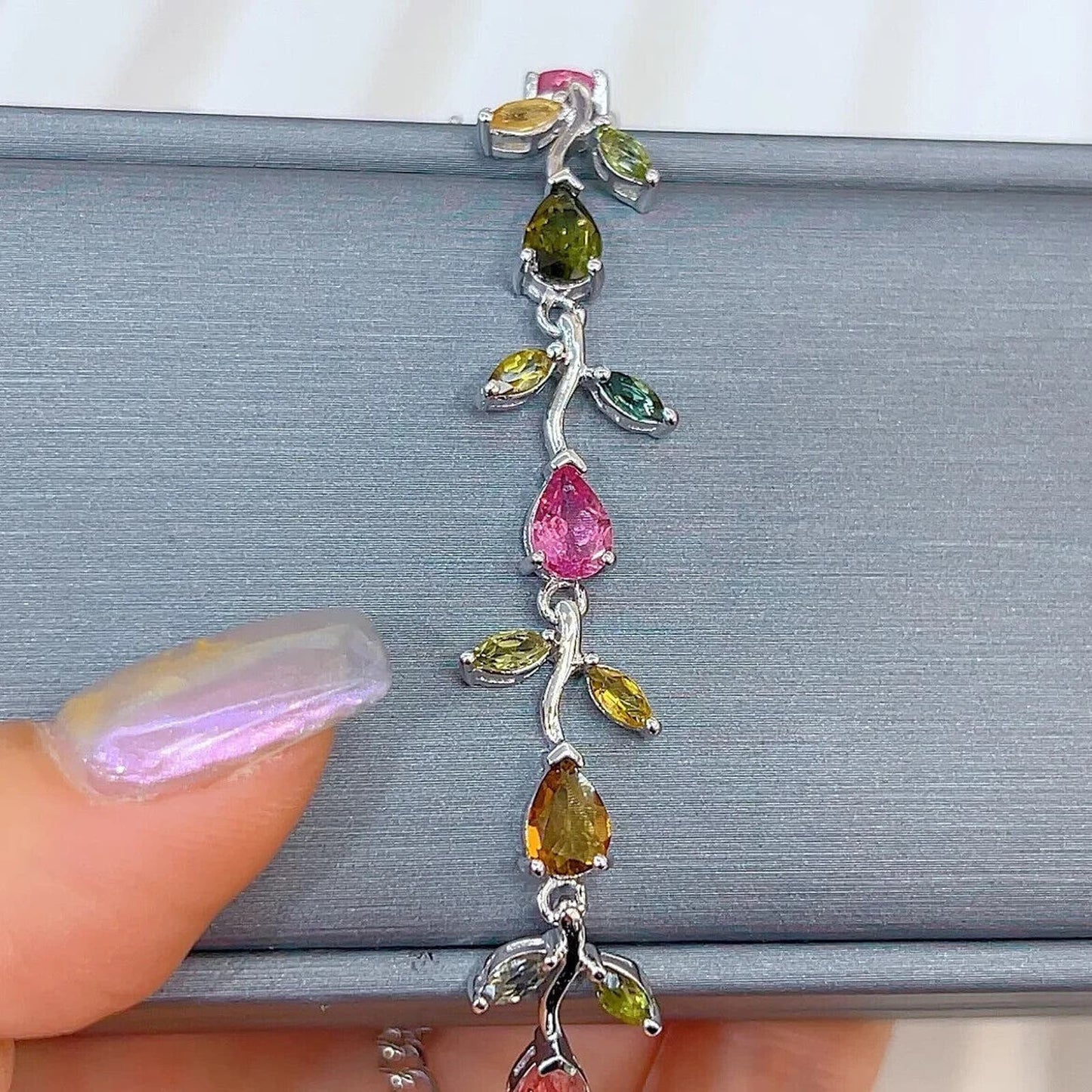 Tourmaline Gemstone Leaf Tennis Bracelet Sterling Silver