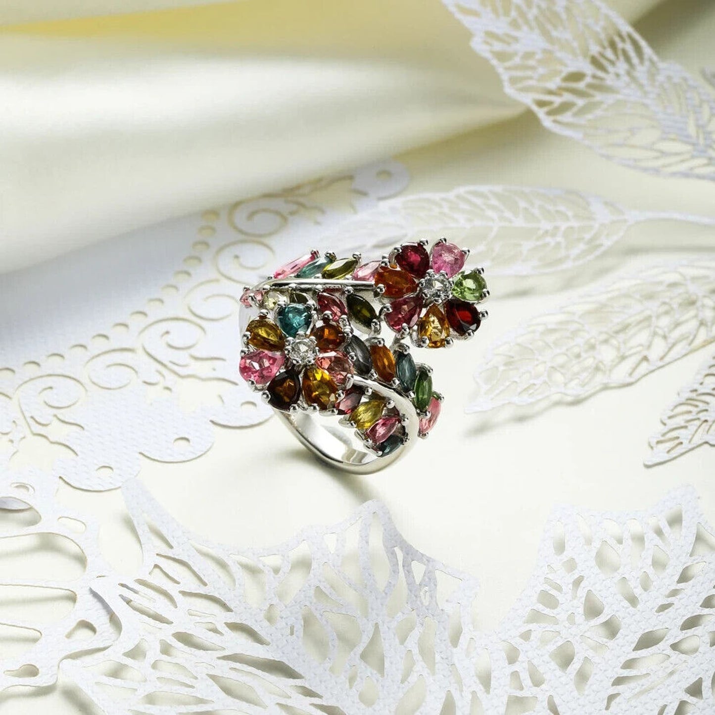 Tourmaline Gemstone Flower Ring 925 Sterling Silver