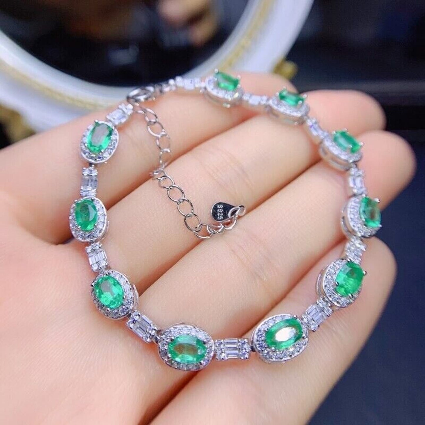 Natural Emerald Tennis Bracelet, 10pc 3x5mm Sterling Silver