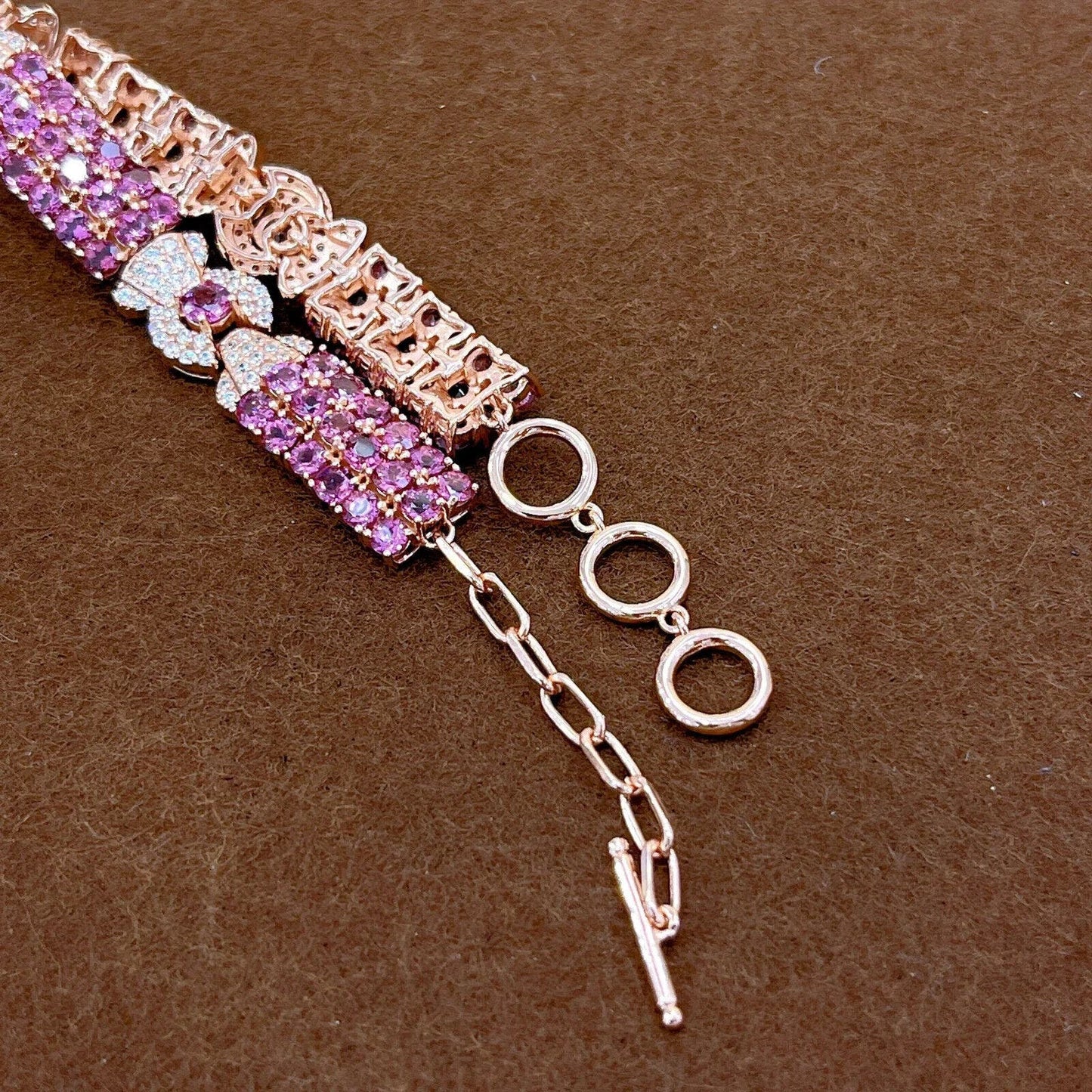 Pink Garnet Candy Themed Wide Tennis Bracelet Rose Gold