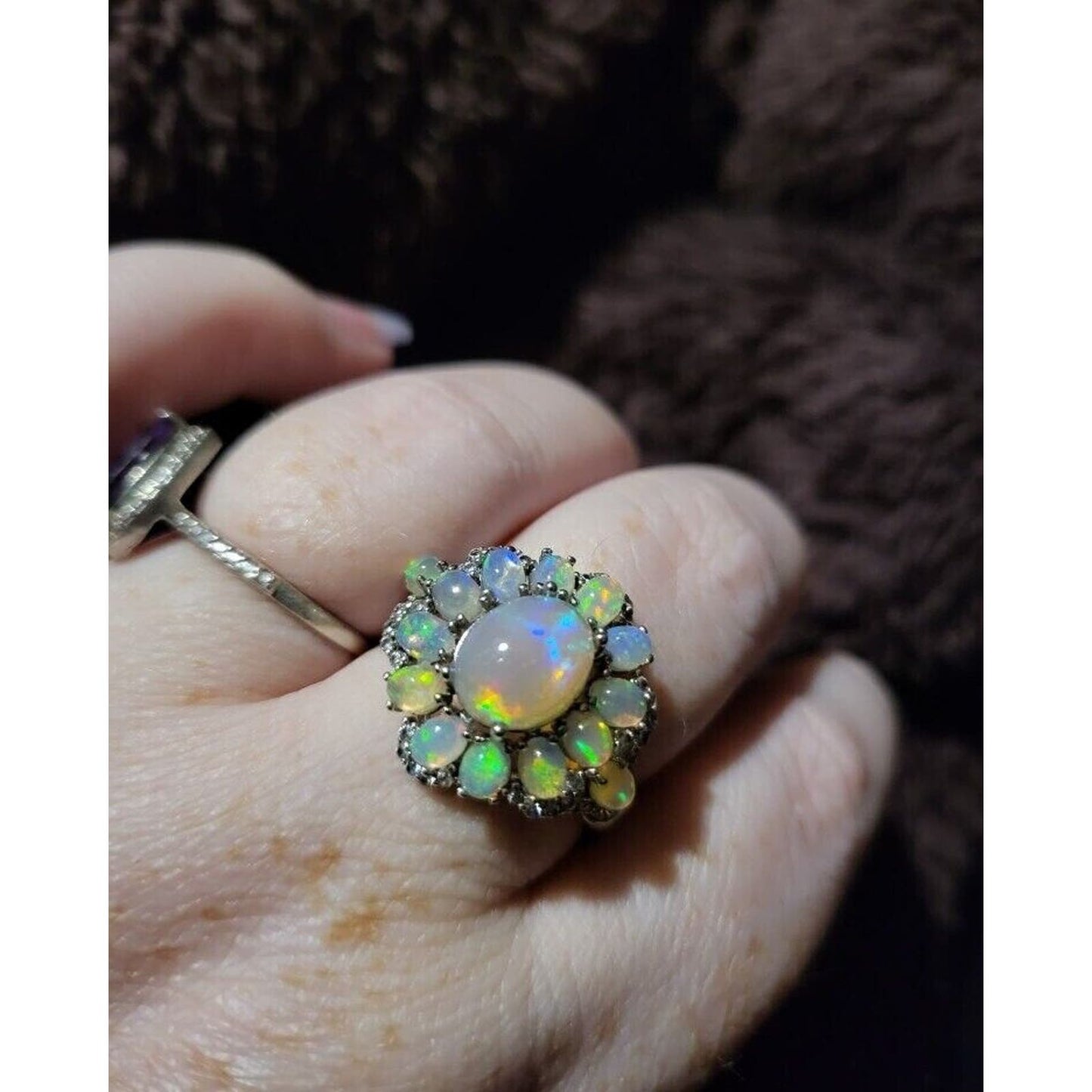 Fire Opal Flower Cluster Statement Ring 925 Sterling Silver