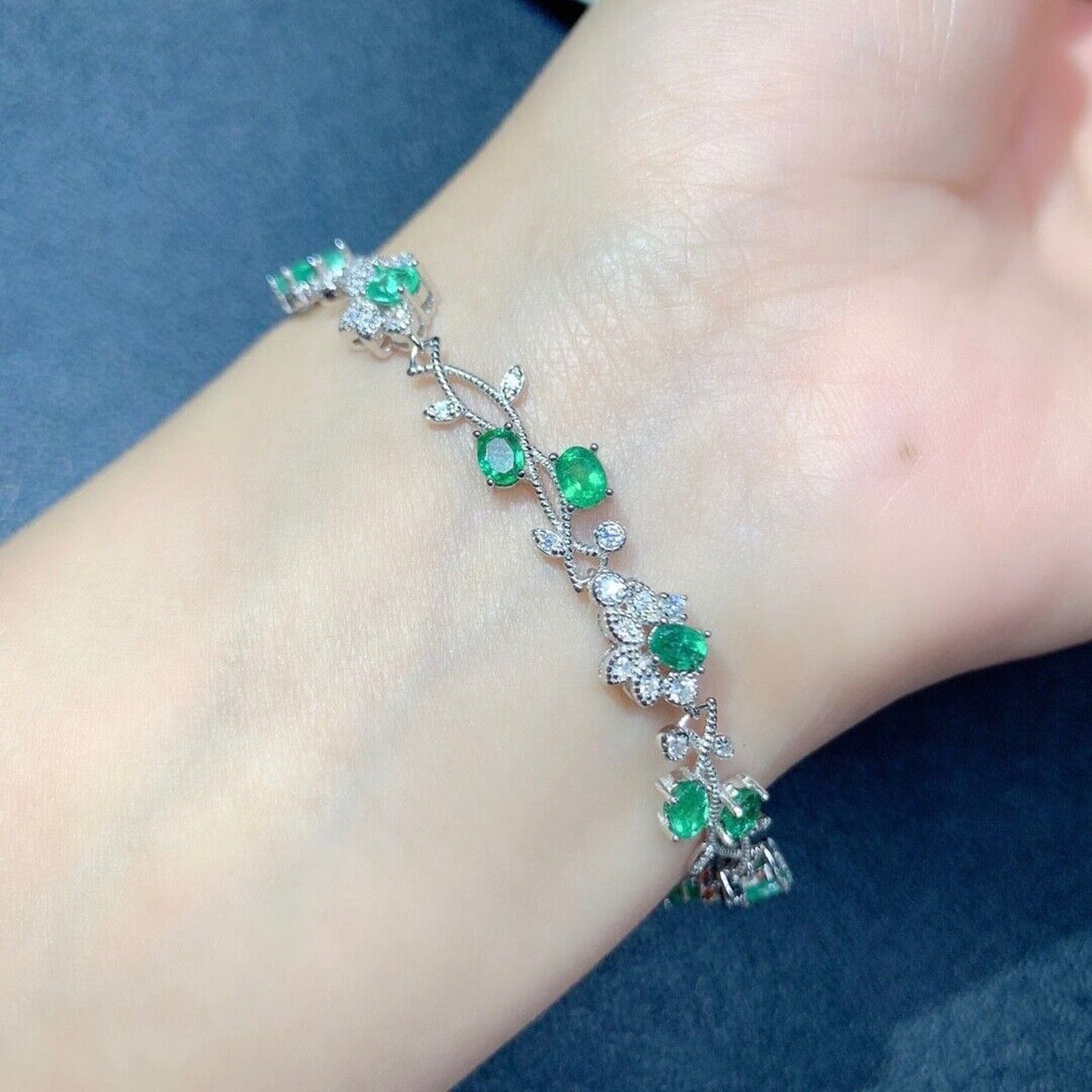 Dainty Natural Emerald Floral Bracelet 3x4mm