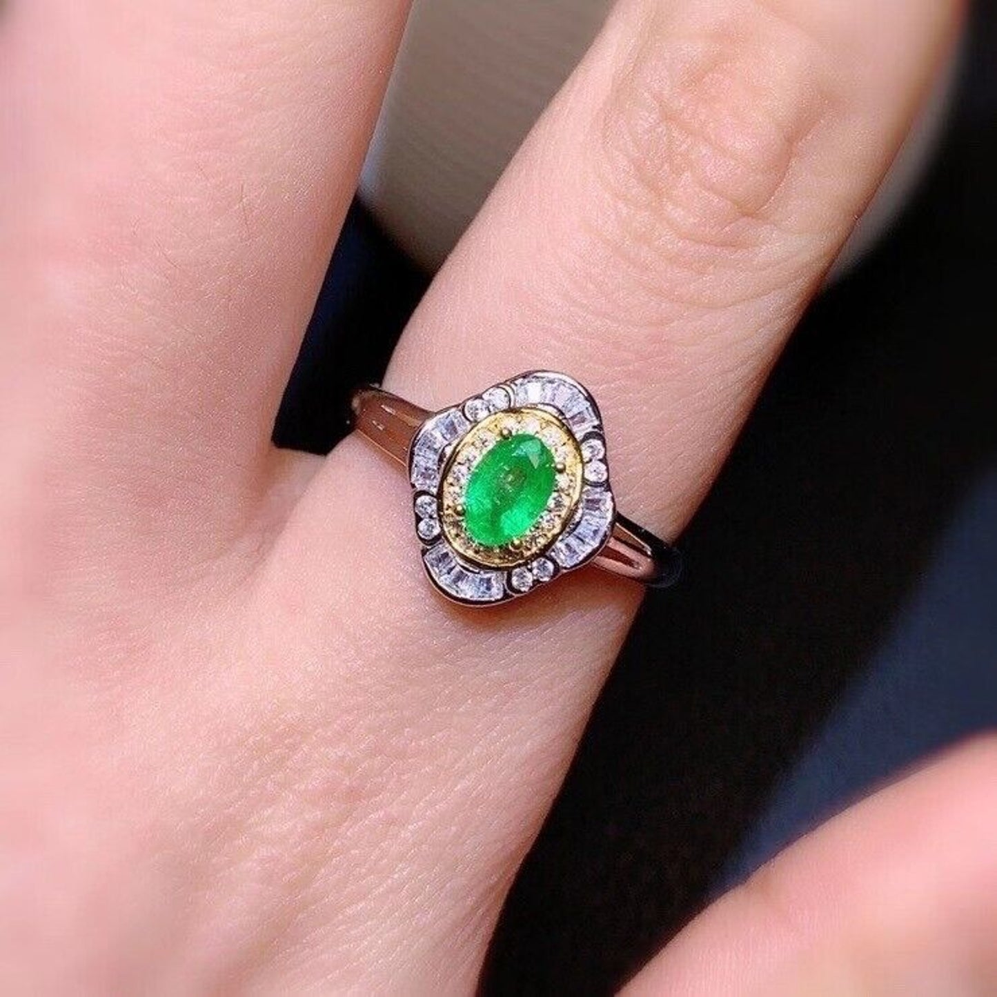 Emerald Cocktail Ring 4x6mm Two Tone Sterling Silver