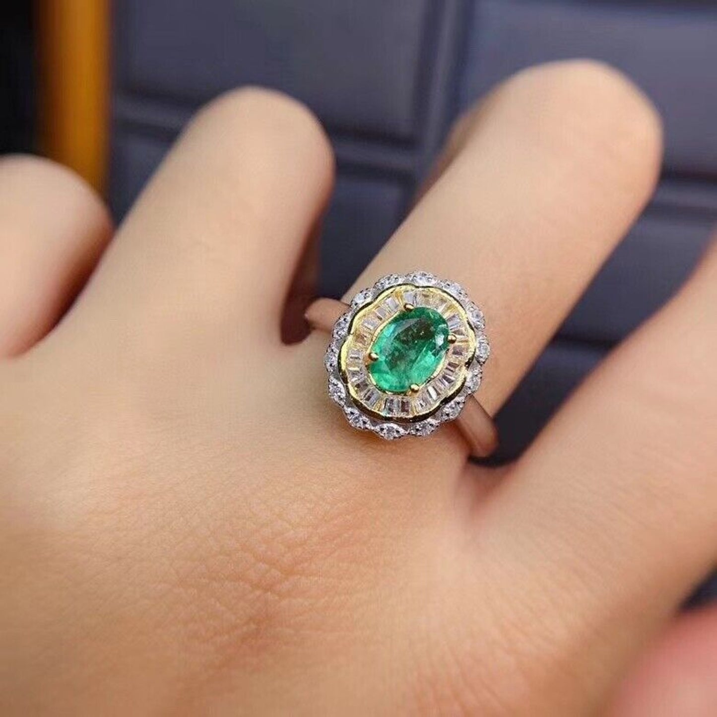 Colombian Emerald Two Tone Cocktail Ring 5x7mm